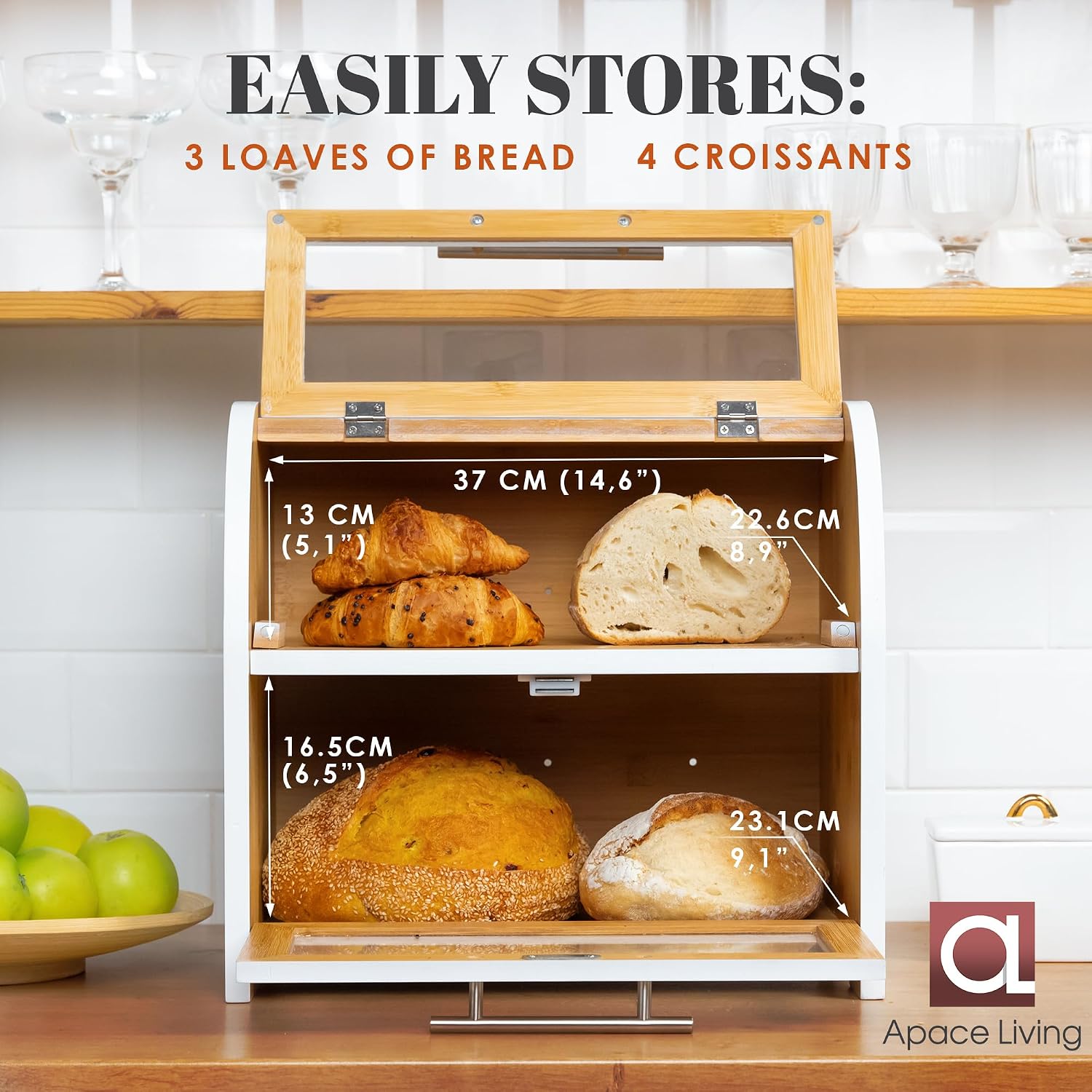 Arise Stylish Bamboo Bread Box for Kitchen Countertop, Extra Large 2-Shelf Wooden Bread Storage Container with Clear