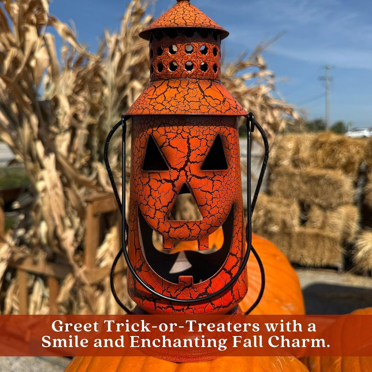 Clovers Garden Halloween Pumpkin Rustic Lantern with Handle, 11.5" Tall Metal Jack O Lantern Fall Decoration, Standing