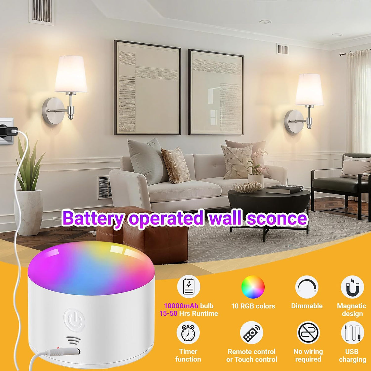 YHCDLAMP Battery Operated Wall Sconces Set of Two, Rechargeable Wireless Wall Lights with 10000mAh RGB Dimmable