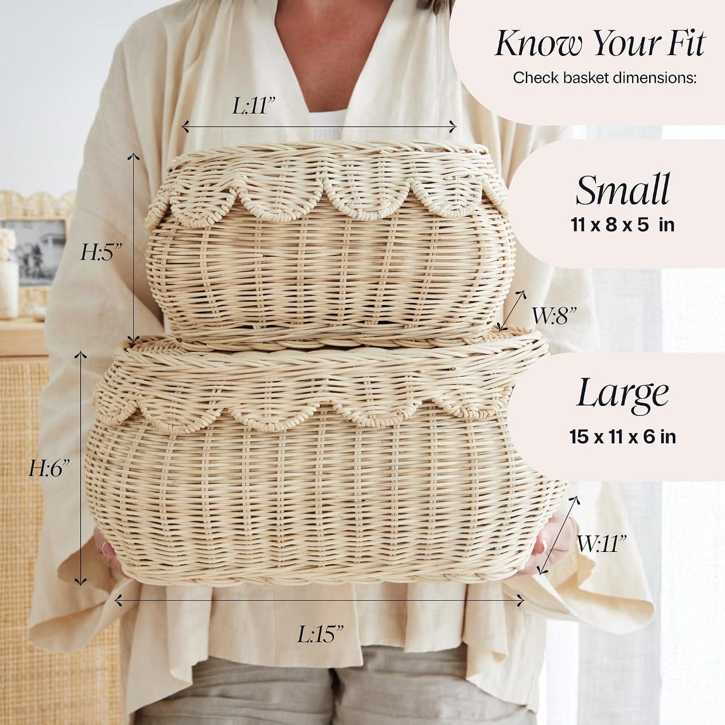 The Original Scalloped Basket / Natural / 15 x 11 x 6 / Set of 2