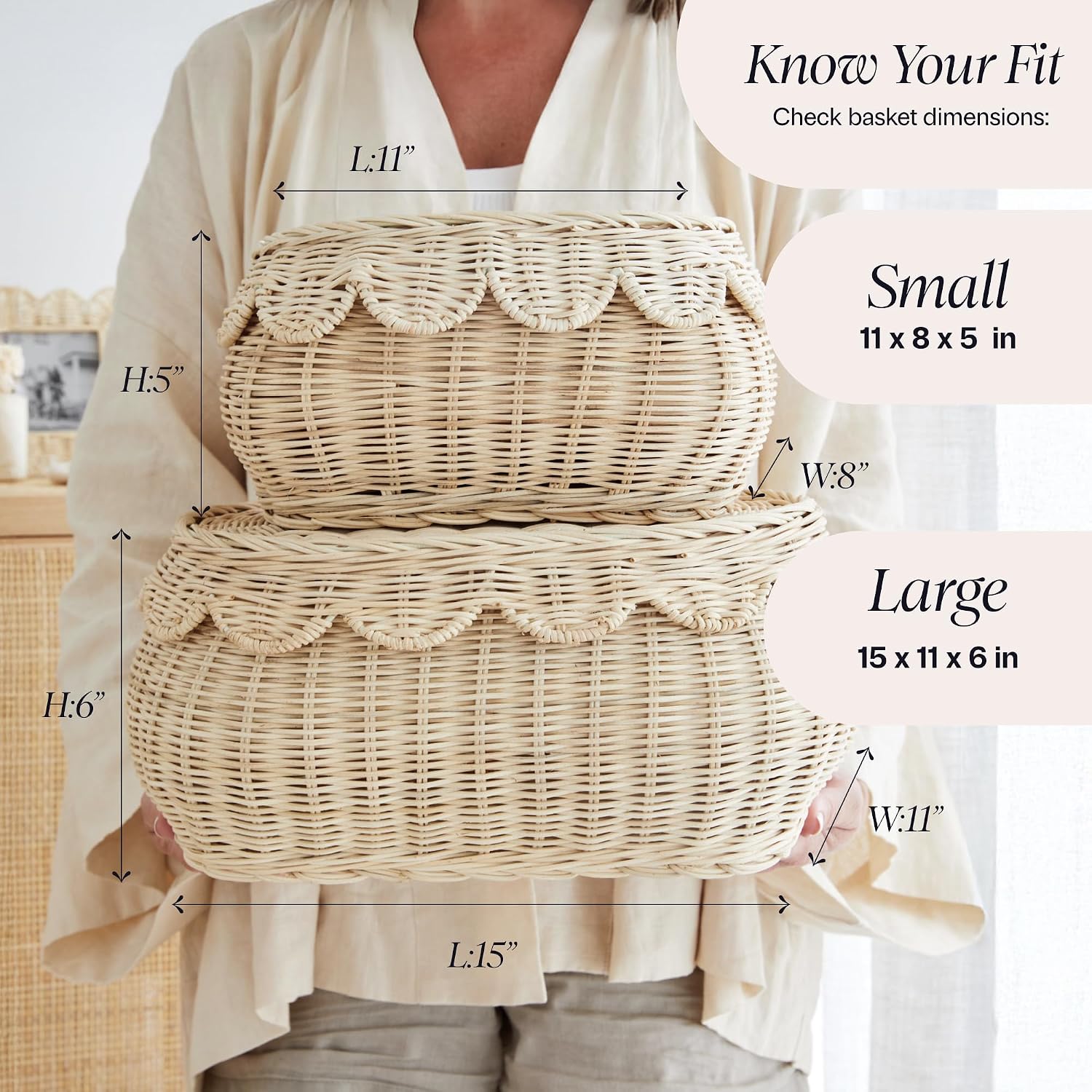 The Original Scalloped Basket / Natural / 15 x 11 x 6 / Set of 2