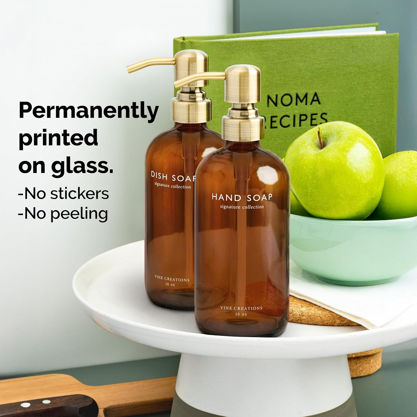 Vine Creations Amber Glass Soap Dispenser Set, Dish Soap and Hand Soap Dispenser Set with Stainless Steel Pump, 16 oz