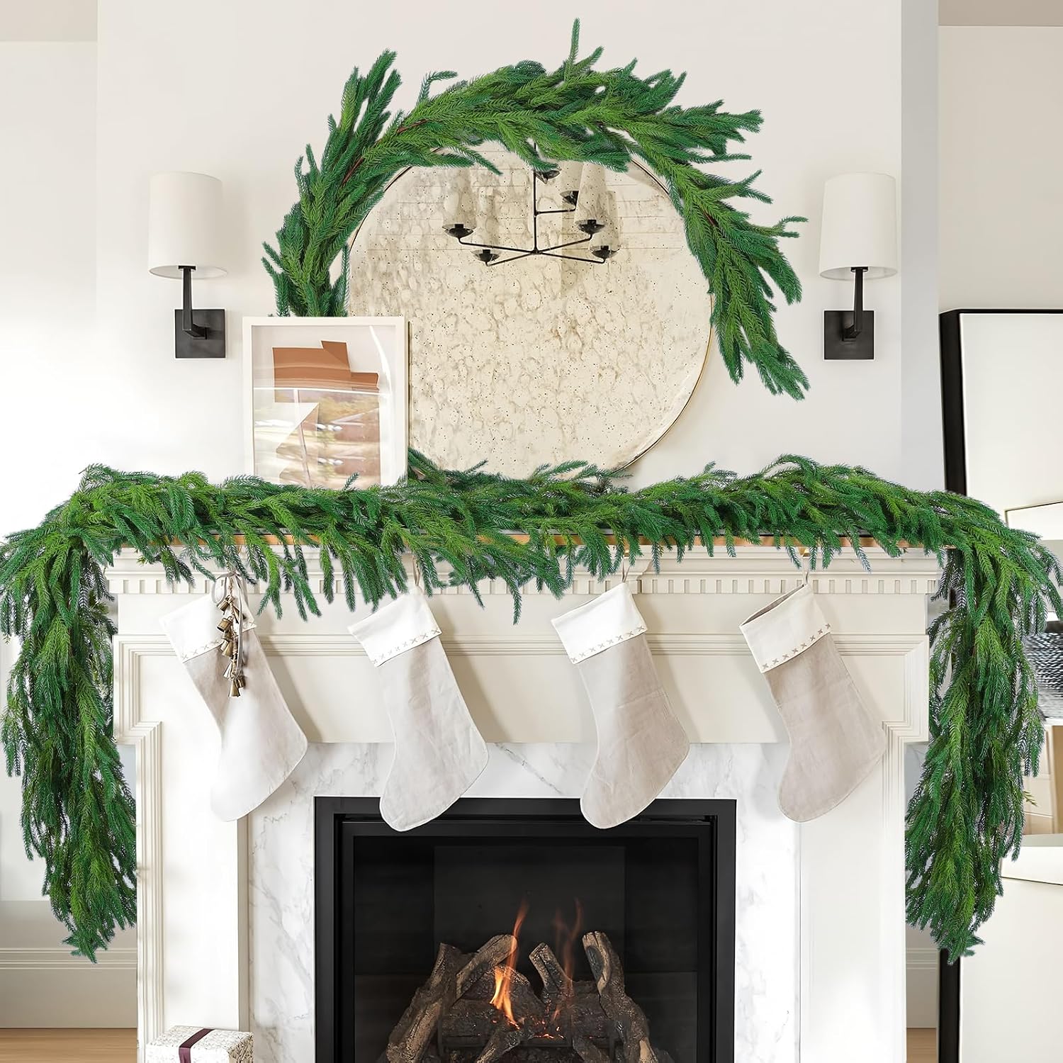 Hananona 4 Pcs 9 Ft Artificial Norfolk Pine Garlands, Realistic Pine Garland, Green Artificial Greenery Garland for