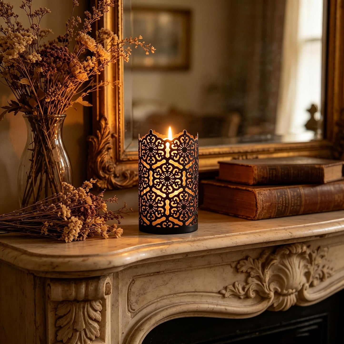 Hosley's Set of 2 Flower 7" High Cut Bronze Candle Holder & Lantern. Ideal for Use with Hosley Highly Scented Candles