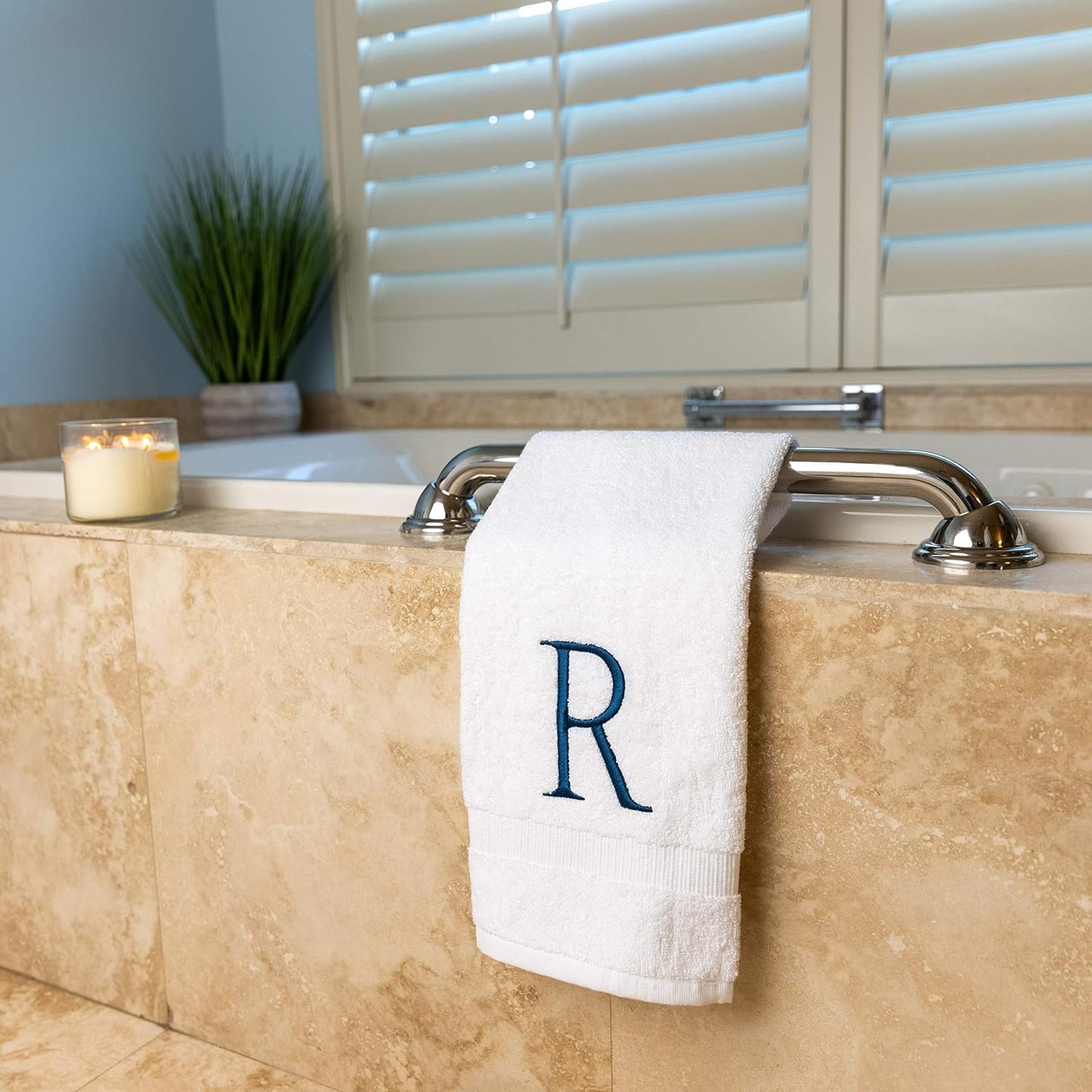 White with Navy Monogrammed Hand Towels for Bathroom - Set of 2 Letter R | Luxury Hotel Quality Initial Towels For