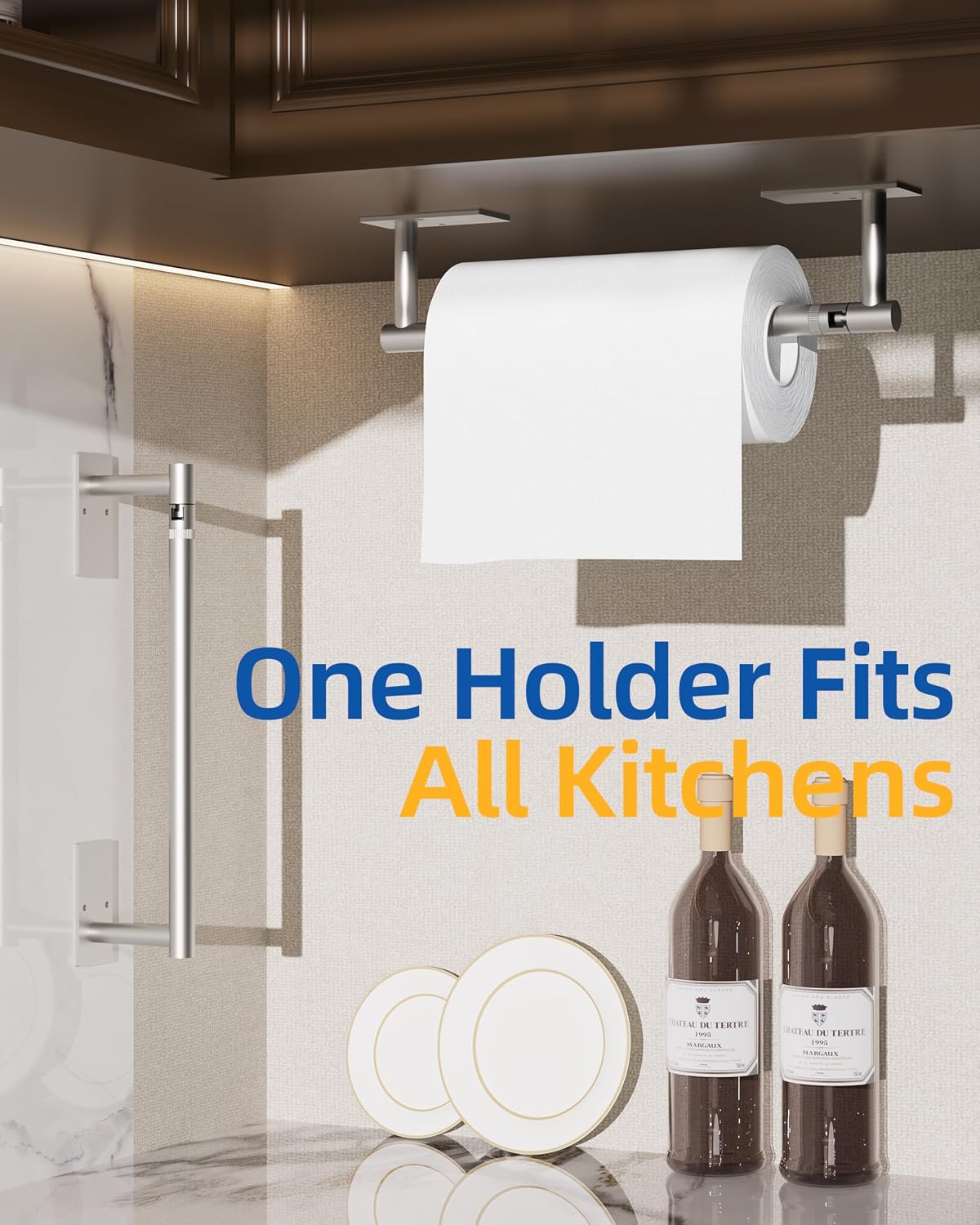 RUACQ Paper Towel Holder Under Cabinet, Stainless Steel, Silver | Drill Wall Mount or Adhesive, Square Base