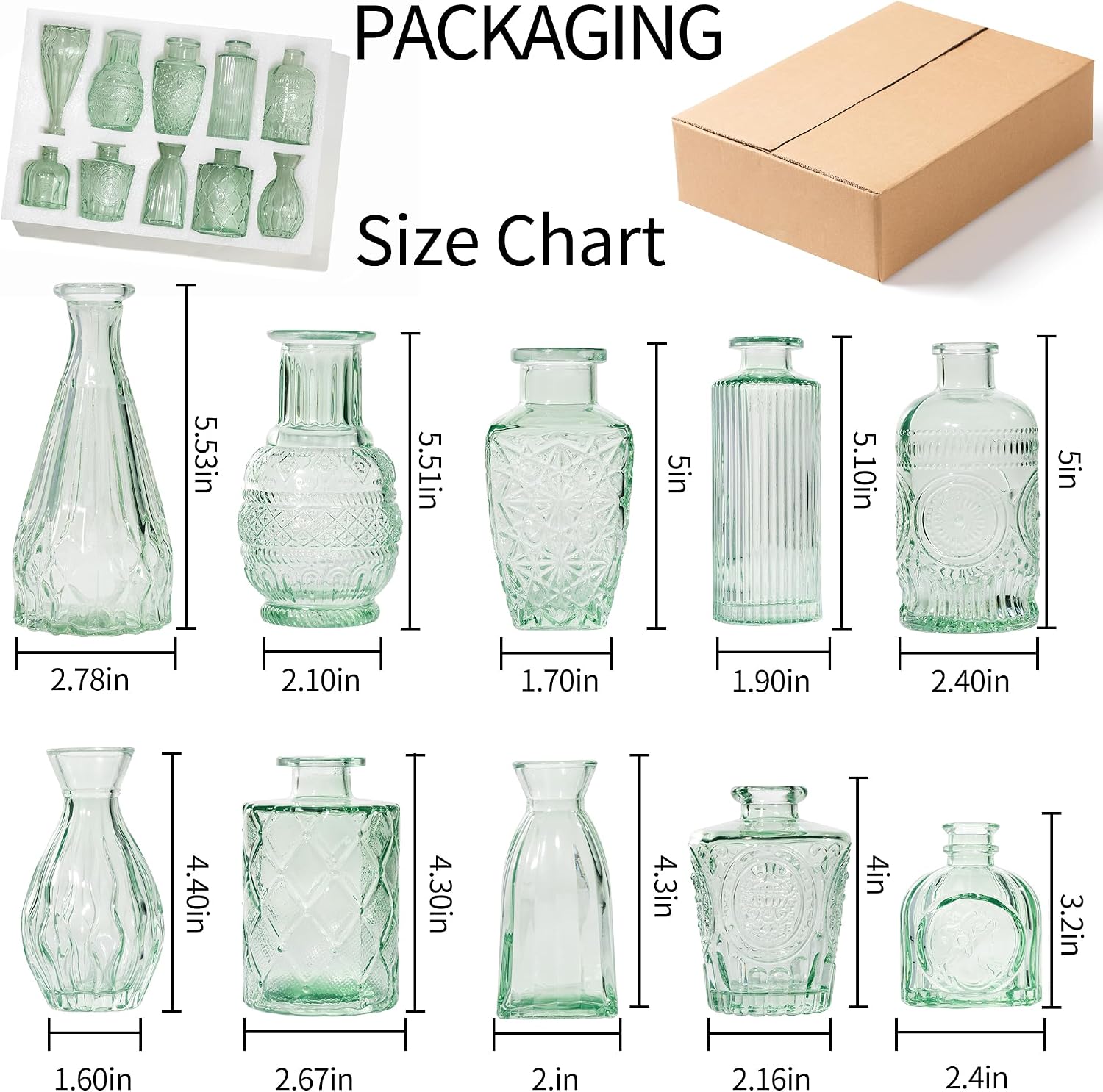 Vintage Small Glass Vases / Sage Green / Set of 10