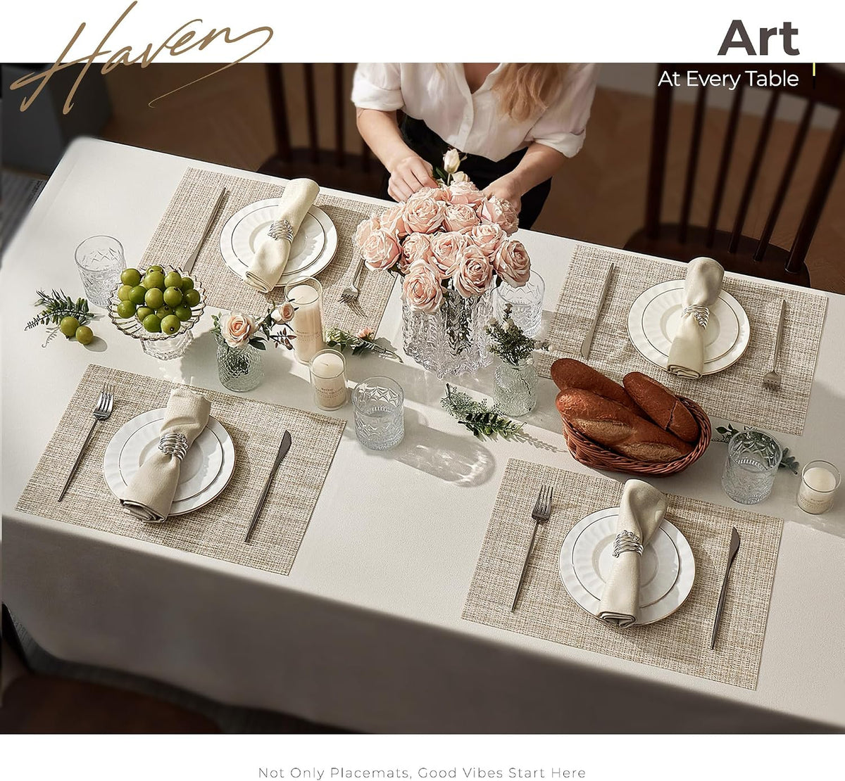 Leetaltree Woven Vinyl Placemats Set of 8,Beige and Gold | High Density，Stain Resistant, Easy to Clean, Washable Table