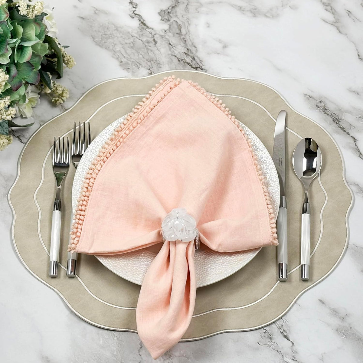 Embroidered Scalloped Faux Leather Wipeable Placemats Set of 4, Ivory | Bryonia PU Earth Tone Soft Luxury Dinner Table