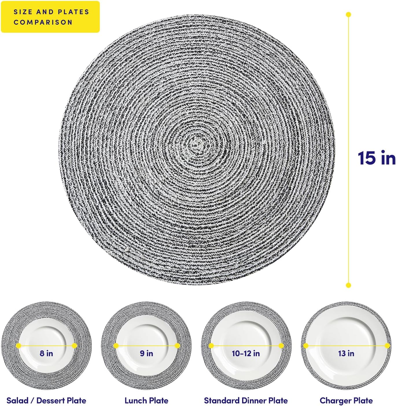 Round Placemats Set of 6-100% Cotton Two-Tone Placemat for Dining Table - Woven Braided Table Setting Place Mat