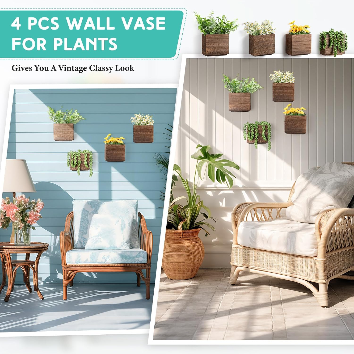 Wood Wall Planters Hanging Plant Pots Farmhouse Wall Hanging Decor / Natural / 5.5 x 5 / Set of 4