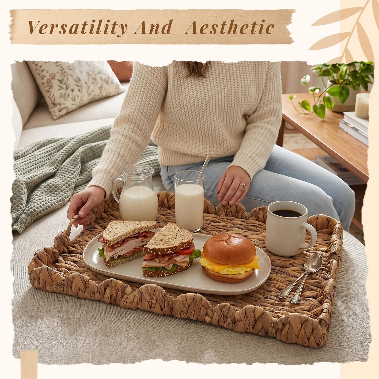 Scalloped Tray " Large Rectangle Woven Decorative Serving Tray / Water Hyacinth / 24 x 18 x 2.4