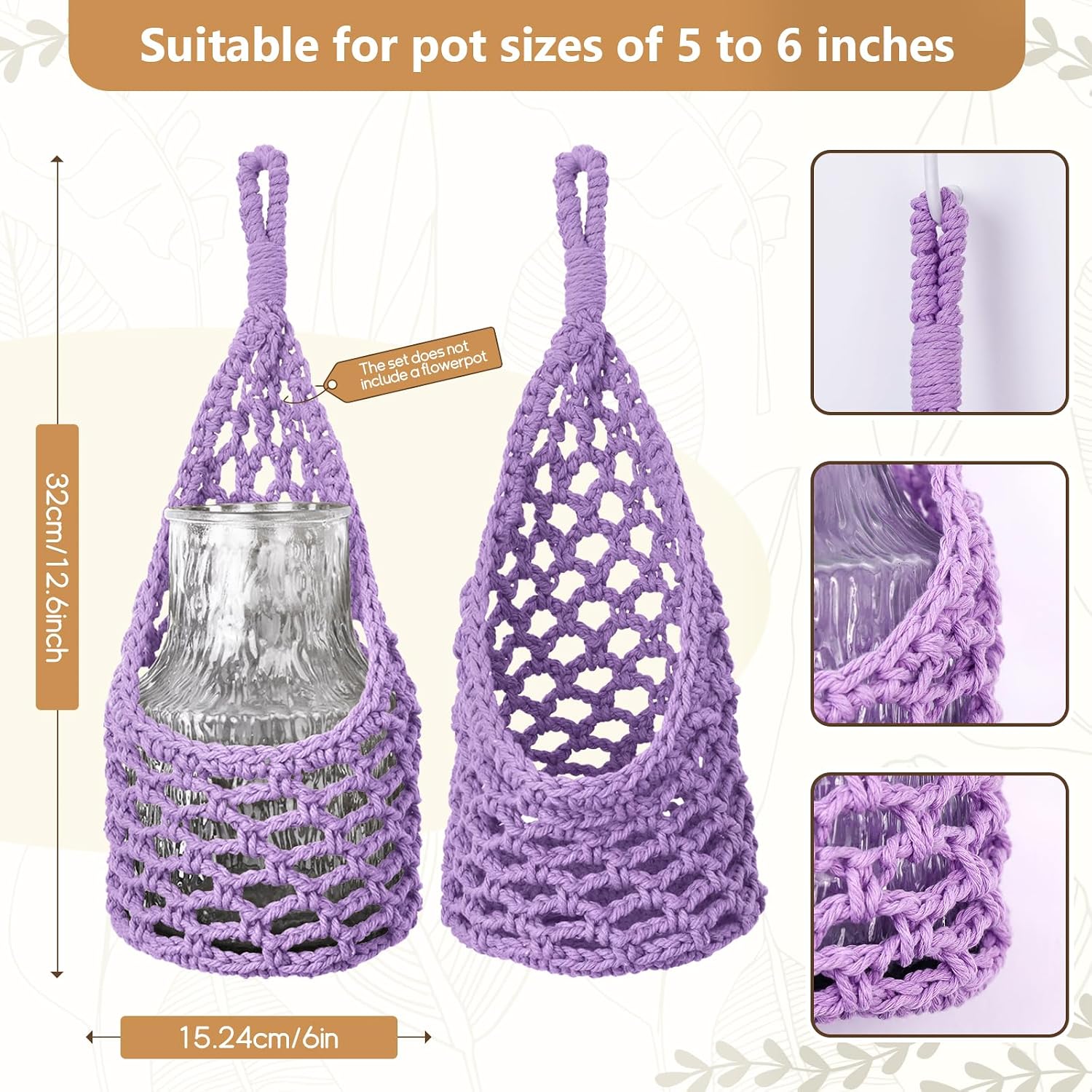 Macrame Wall Plant Hanger / Purple / 6-inch / 6 Inch