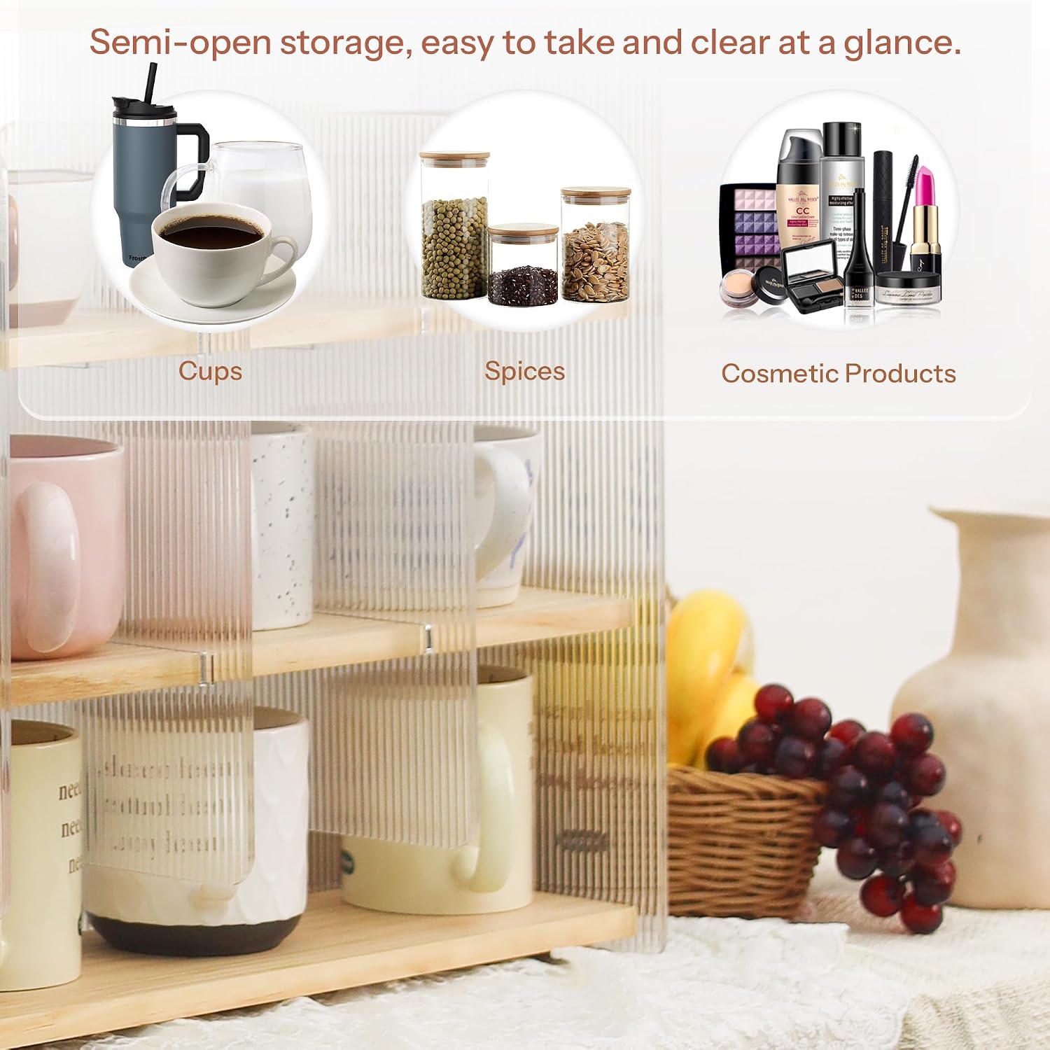 Mug Shelf 4-Tier Walnut Coffee Cup Displays,Kitchen Spice Storage | PMMA Acrylic,Surface Polished Walnut