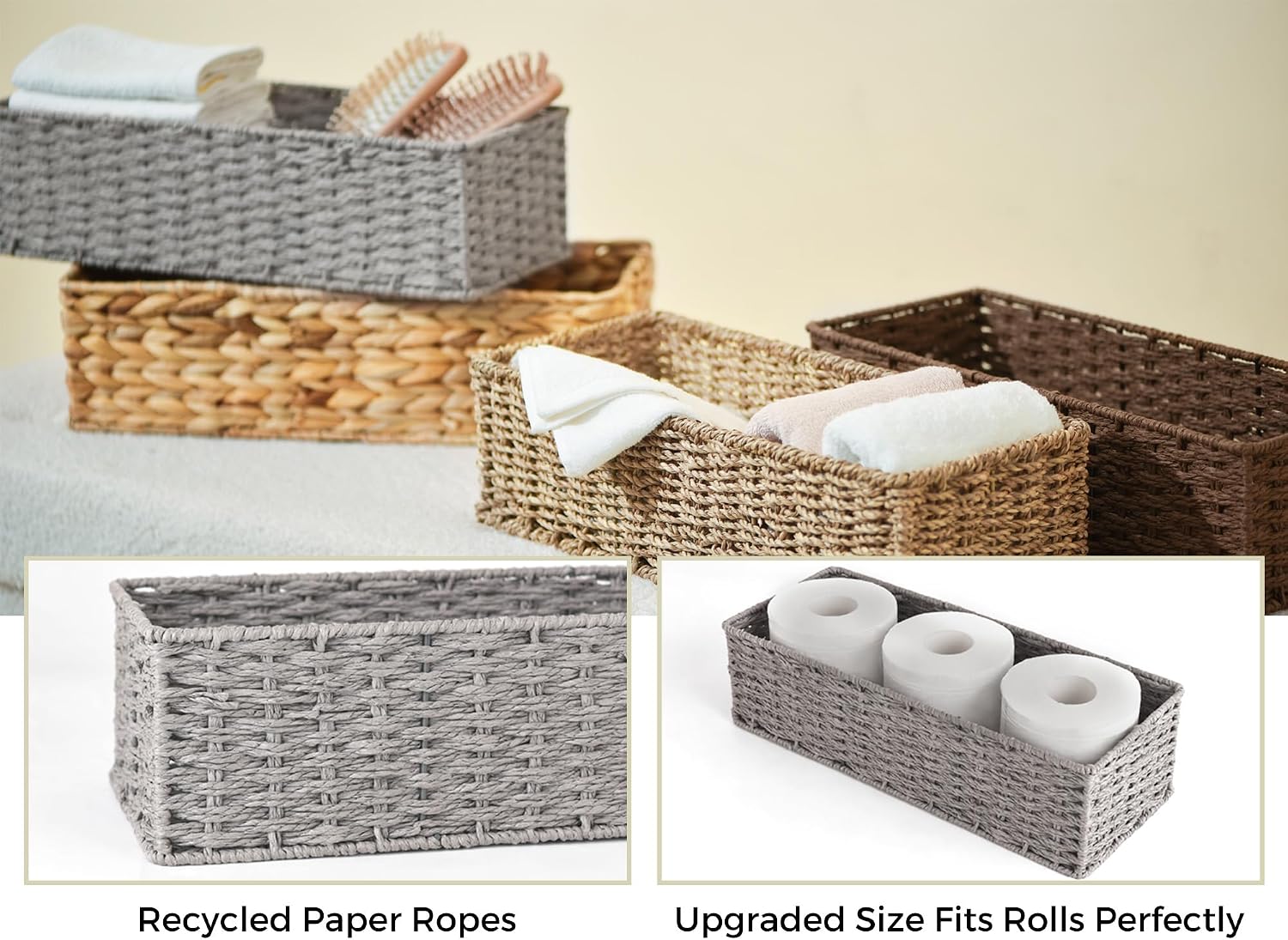 Wicker Basket / Round Paper Rope Toilet Tank Topper Basket / Gray / Set of 2