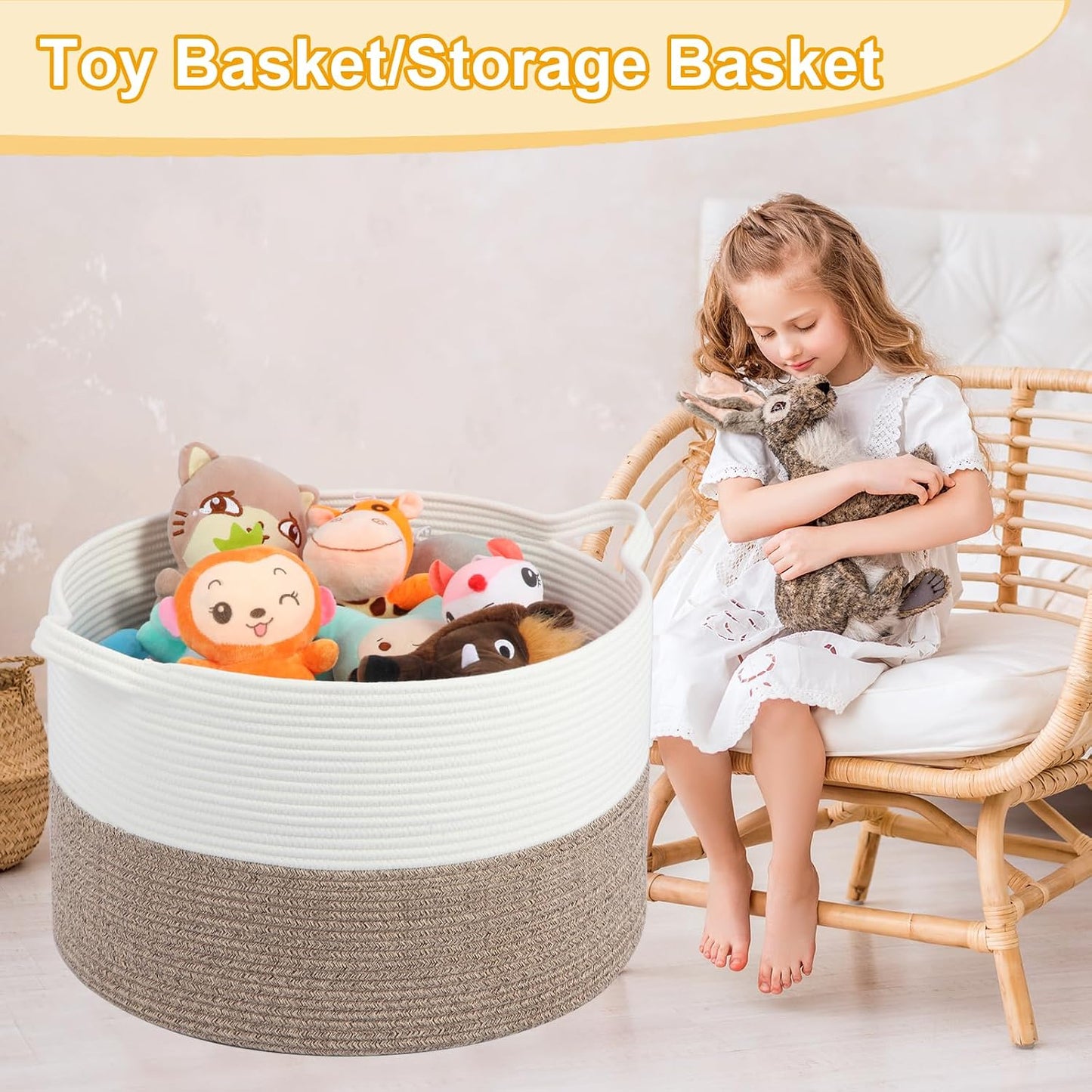 Large Laundry Basket 22''x14''Woven Cotton Rope Baby Blanket Basket / White//brown / 100L
