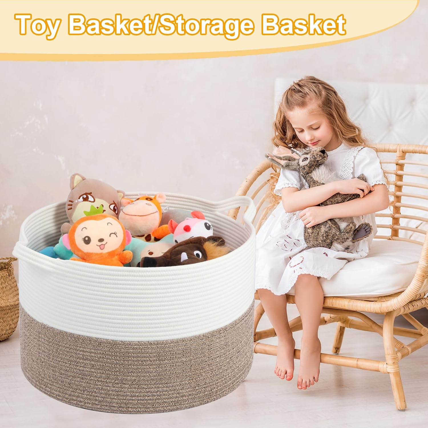 Large Laundry Basket 22''x14''Woven Cotton Rope Baby Blanket Basket / White//brown / 100L