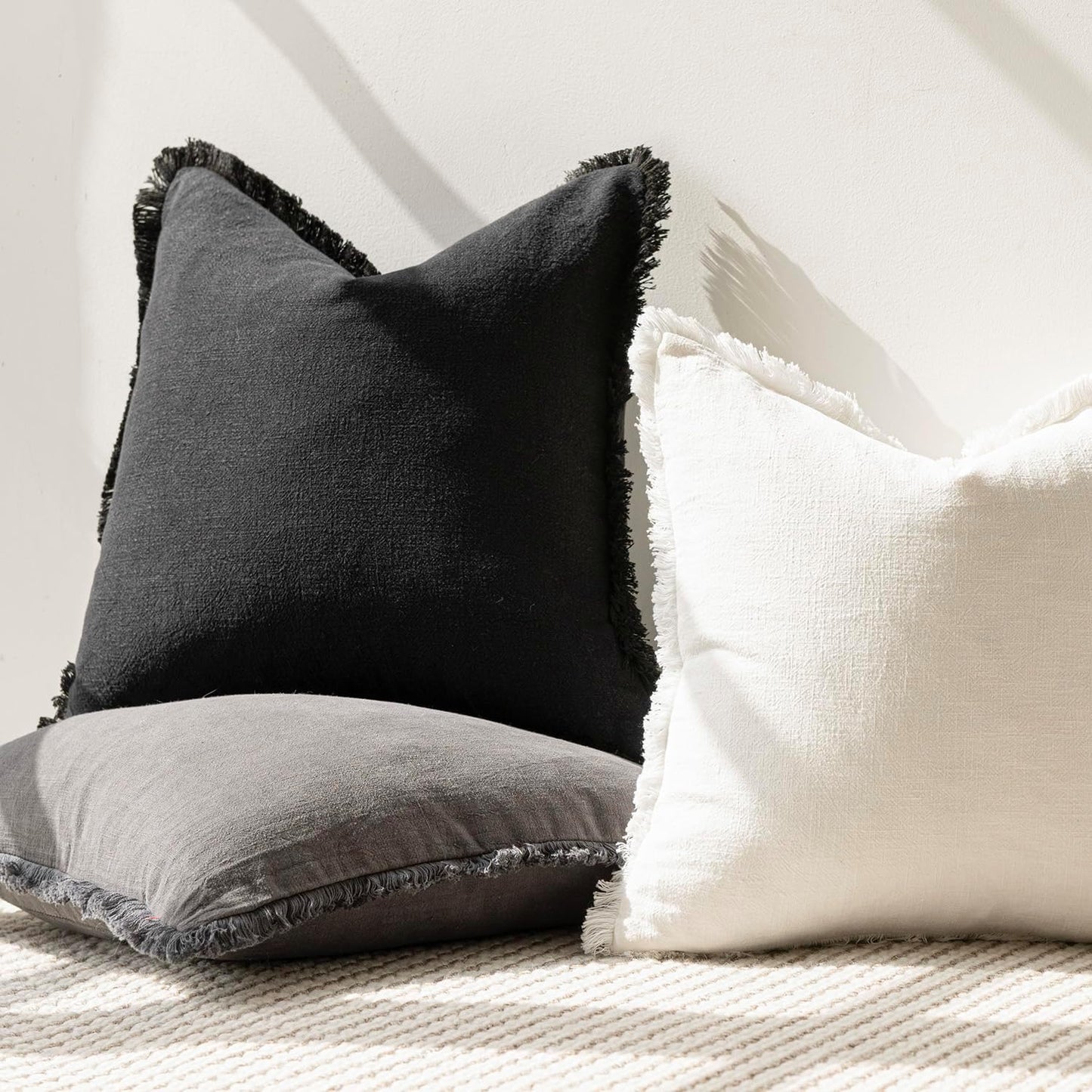 Decorative Linen Fringe Lumbar Throw Pillow Covers Boho Farmhouse Cushion Cover / 20 x 12 / Black