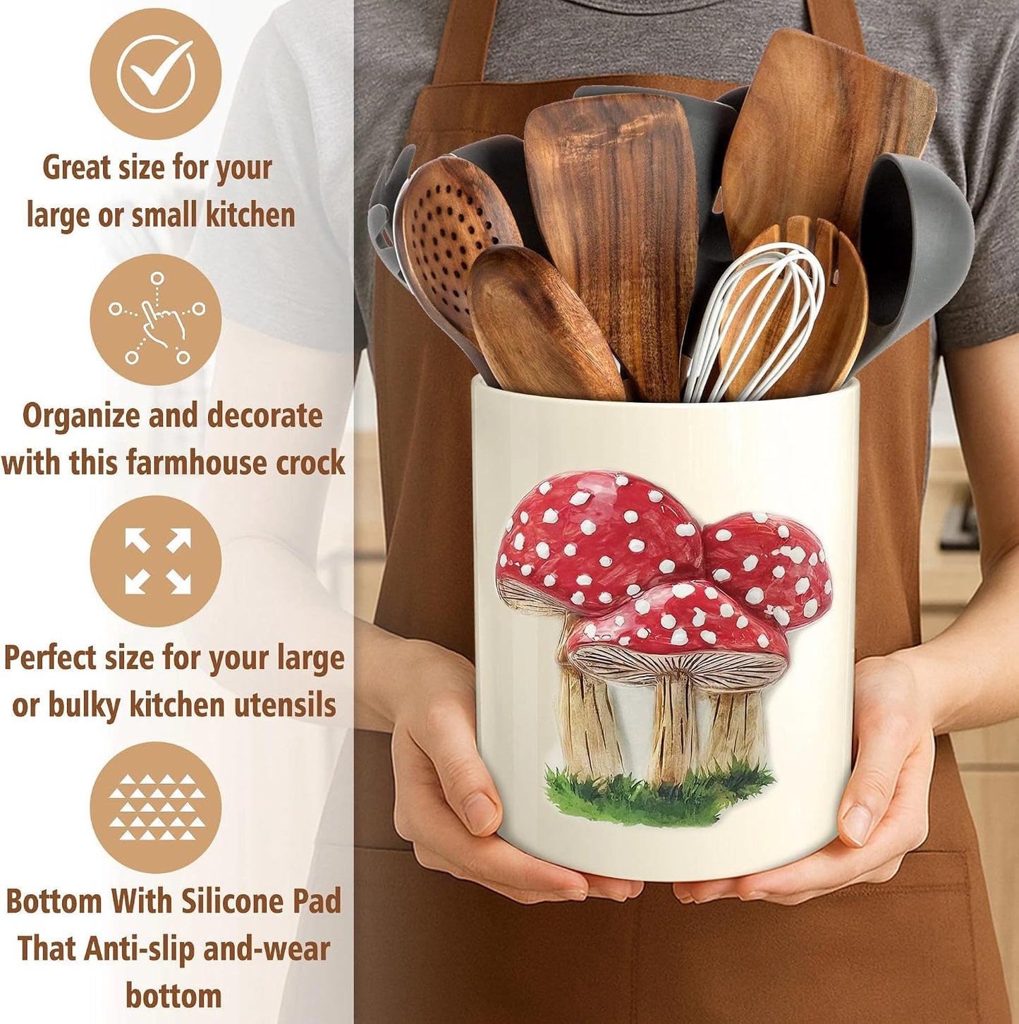 Mushroom Kitchen Decor Embossed Ceramic Utensil Holder for Farmhouse Indoor