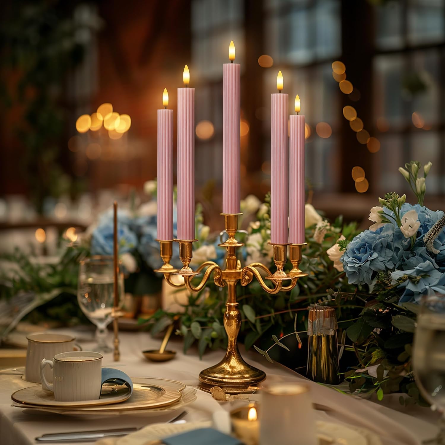 10" Fluted Ribbed LED Dusty Rose Grooved Real Wax Taper Candles, Remote & 24h Timer Memory, On/Off Switch - Flameless