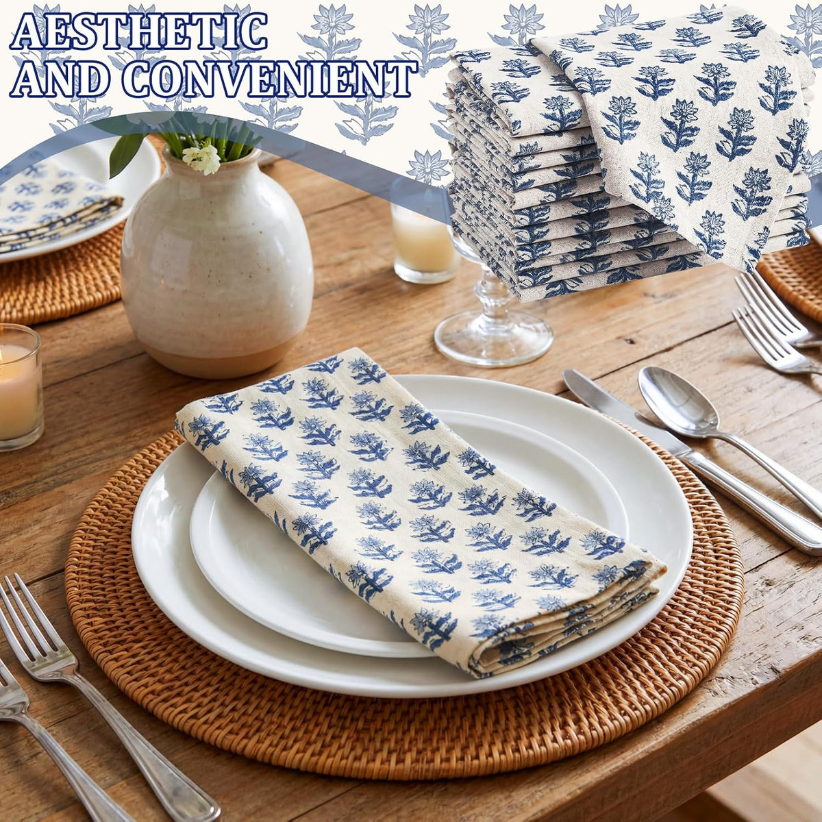 Set of 12 Floral Cloth Napkins Blue Linen Cloth Napkins Spring Flower Wildflowers Dinner Napkin 15 x 15 Inch Vintage