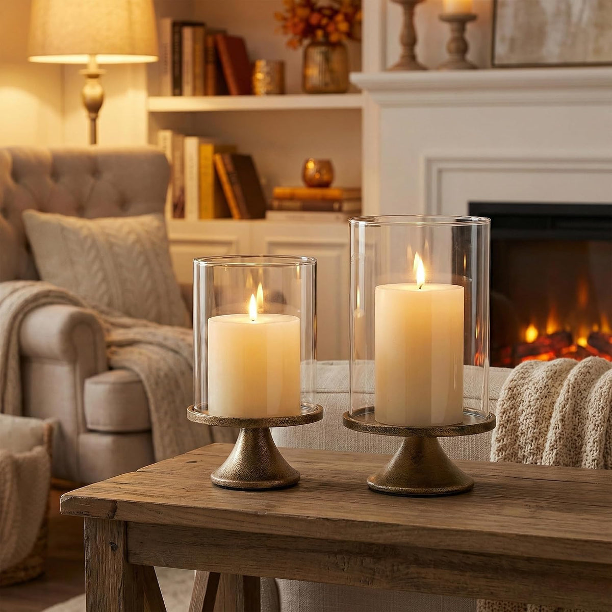 Set of 2 Hurricane Candle Holder Set with Glass Dome & Iron Base – Elegant Decorative Pillar Candle Holders for Living