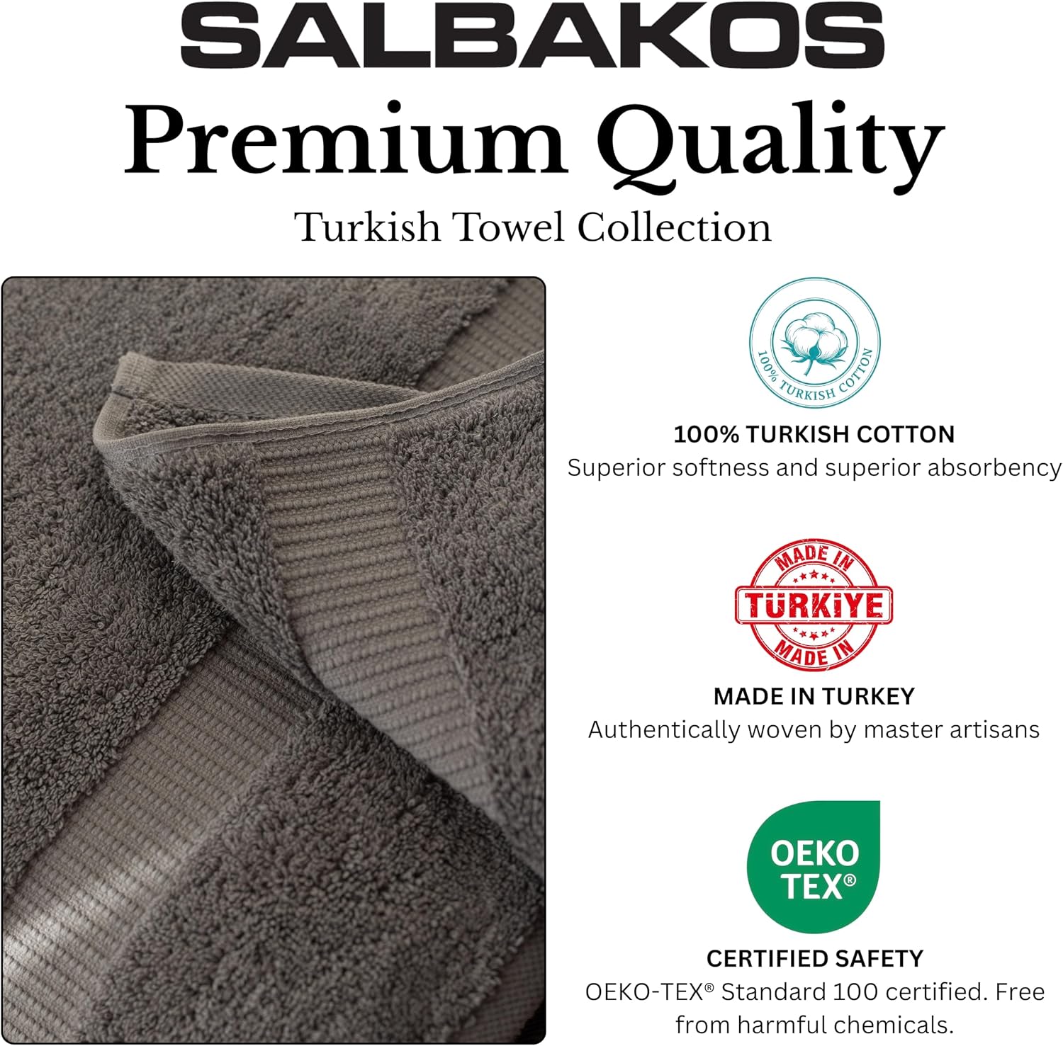 SALBAKOS 6-Piece 100% Turkish Cotton Hand Towels, 16x30 inch, Gray | Large Size Thick Super Soft Highly Absorbent