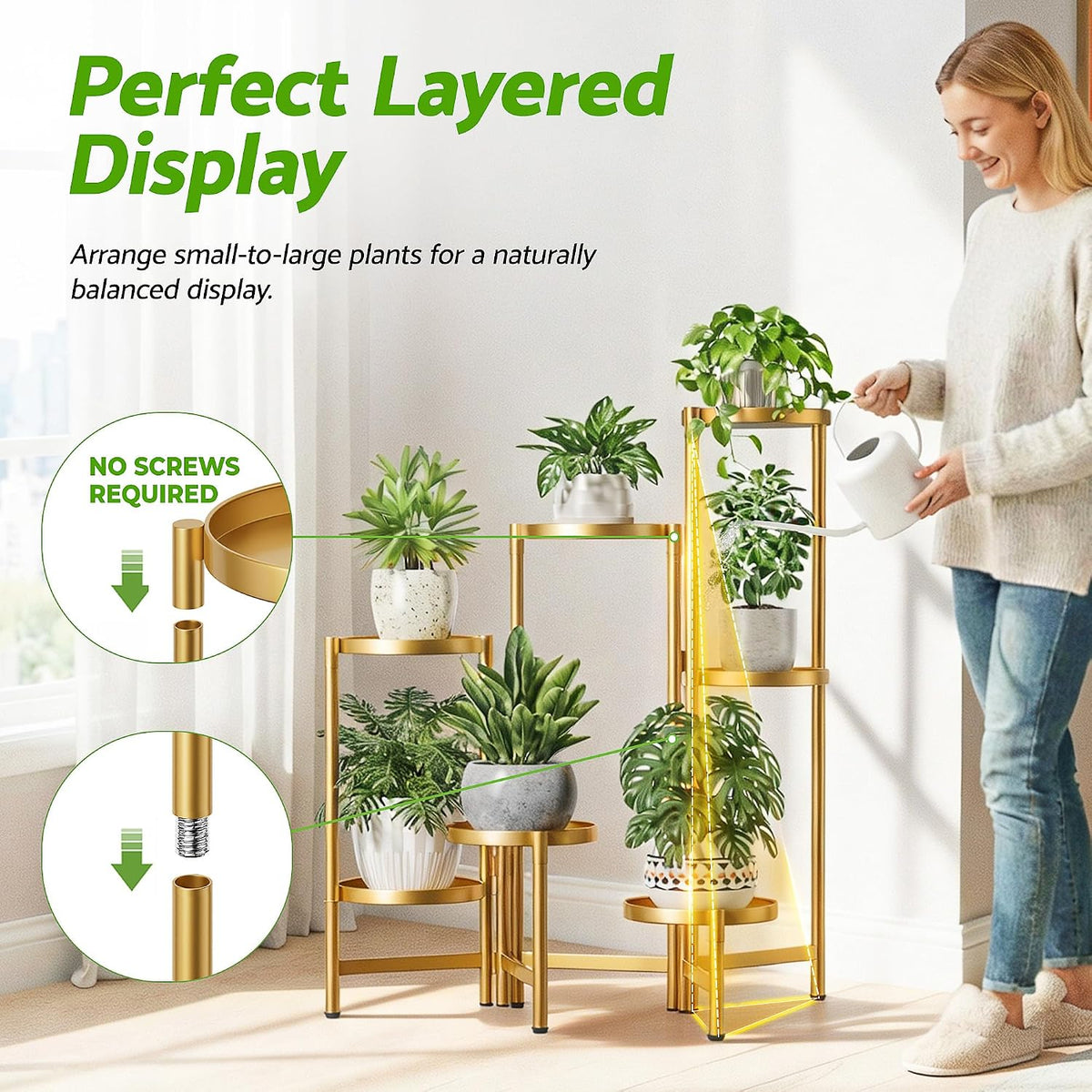Stand Plants Gold, 7 Tiered Corner Plant Stand Indoor Outdoor, Tall Folding Rack with Rust Proof 7.9 Inch Wide Tray