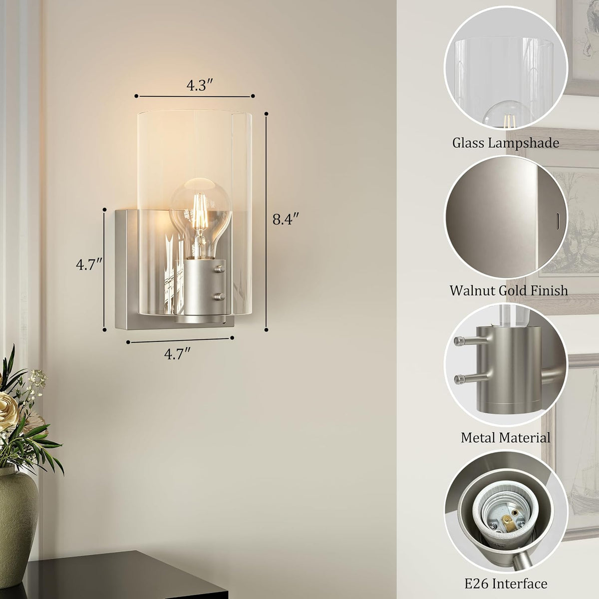 Morauroral Sand-Nickel Battery Operated Wireless Wall Sconces Set of Two | Dimmable Rechargeable Wall Sconce with