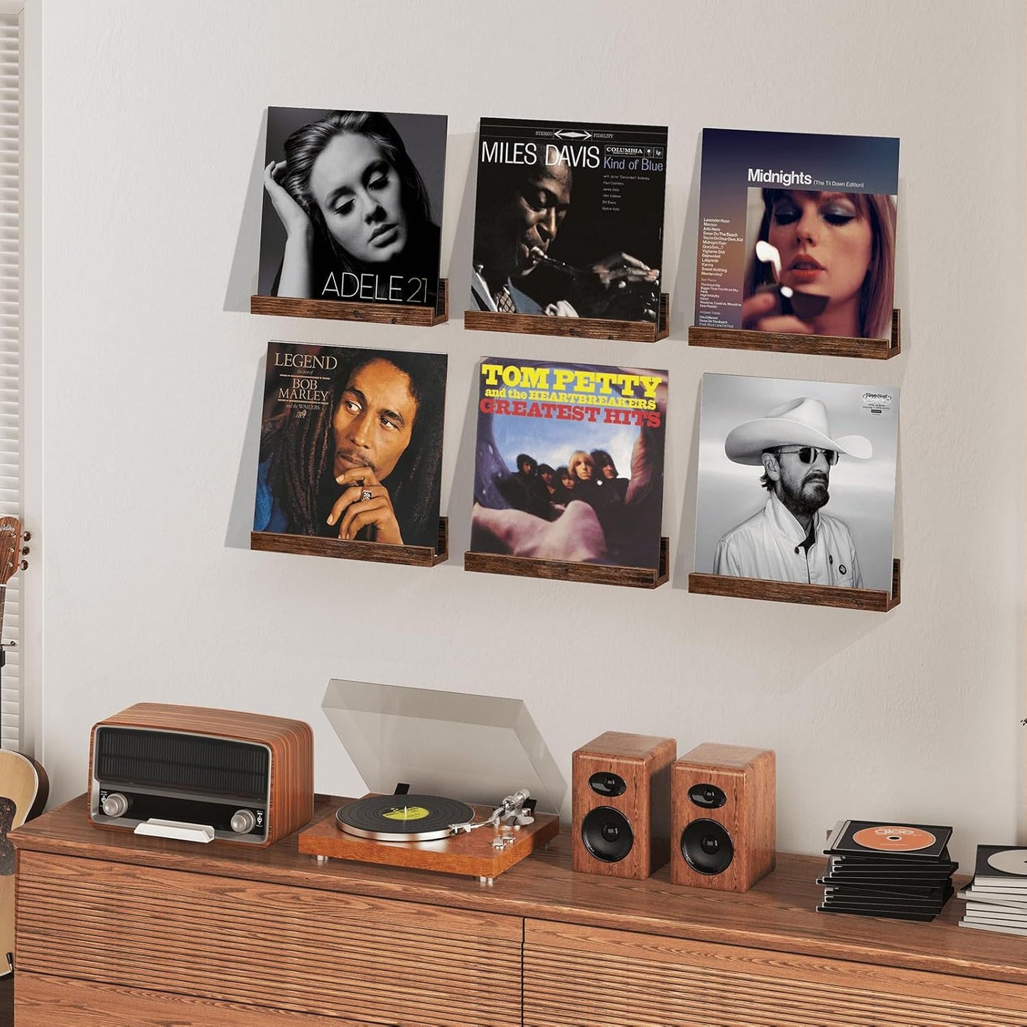 Vinyl Record Shelf Wall Mount, Pack of 6 Floating Shelves for Wall | 12 inch Wooden Album Record Holder Display for