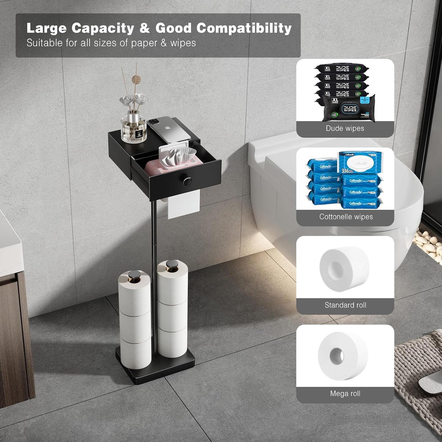 VOLDRA Toilet Paper Holder Stand with Shelf, Free Standing Black Toilet Paper Roll Holder with Wipes Storage Drawer