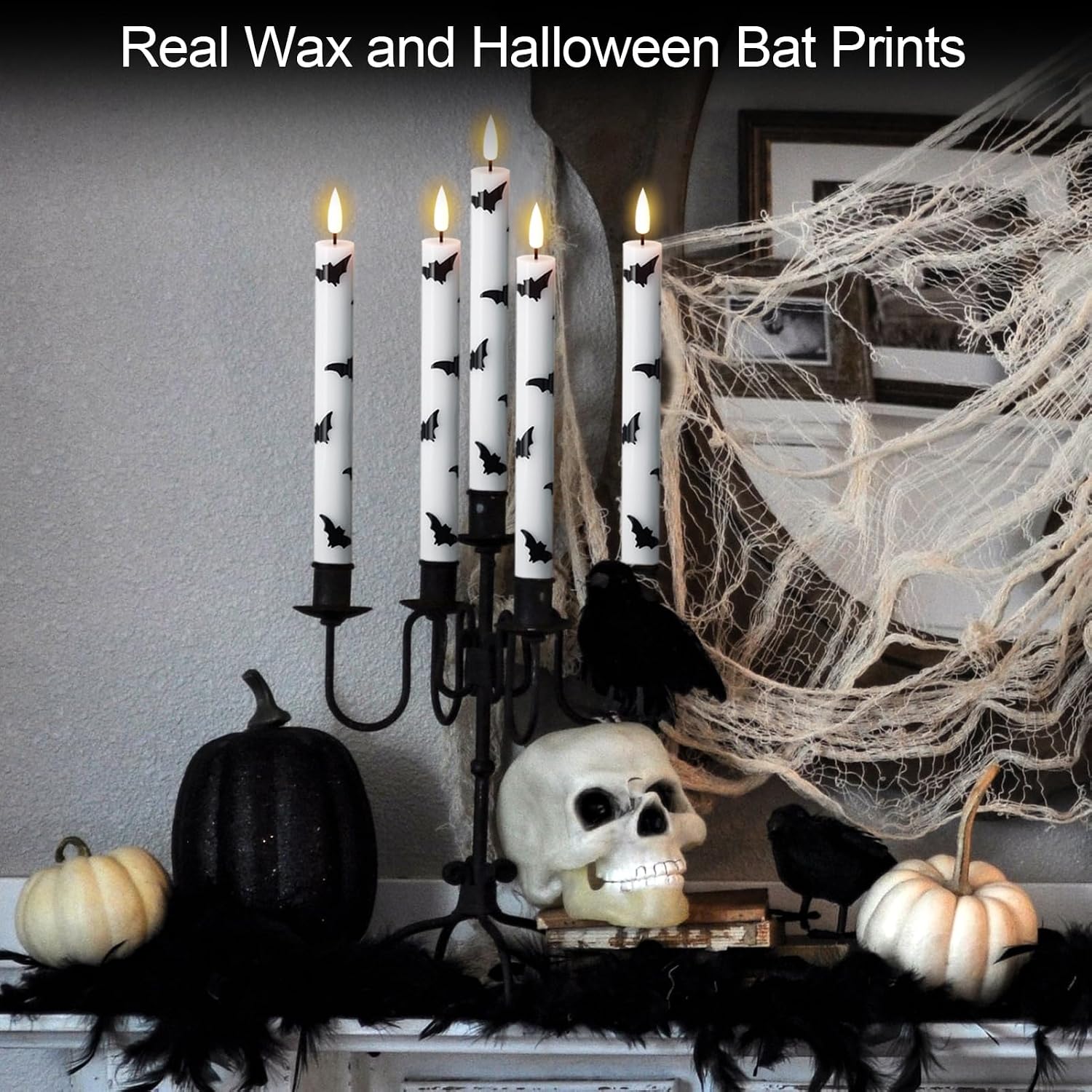 GenSwin Halloween Flameless Taper Candles, 4 Pack LED Taper Candles Battery Operated with Remote Timer, Real Wax White