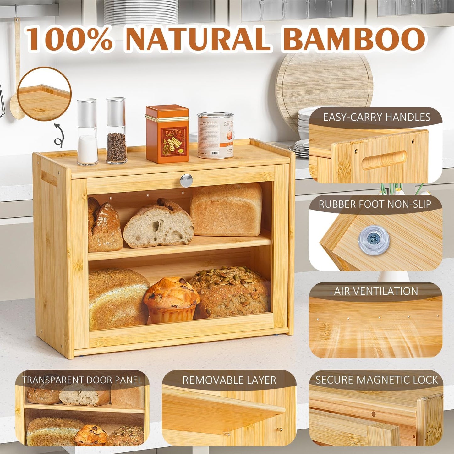 Bread Box for Kitchen Countertop, Double-layers large Bread Container with Transparent Door, Bread Storage&Multiple