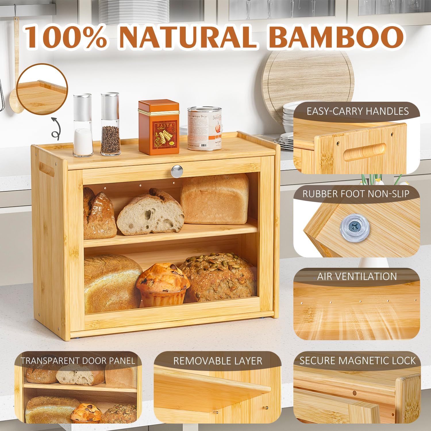 Bread Box for Kitchen Countertop, Double-layers large Bread Container with Transparent Door, Bread Storage&Multiple