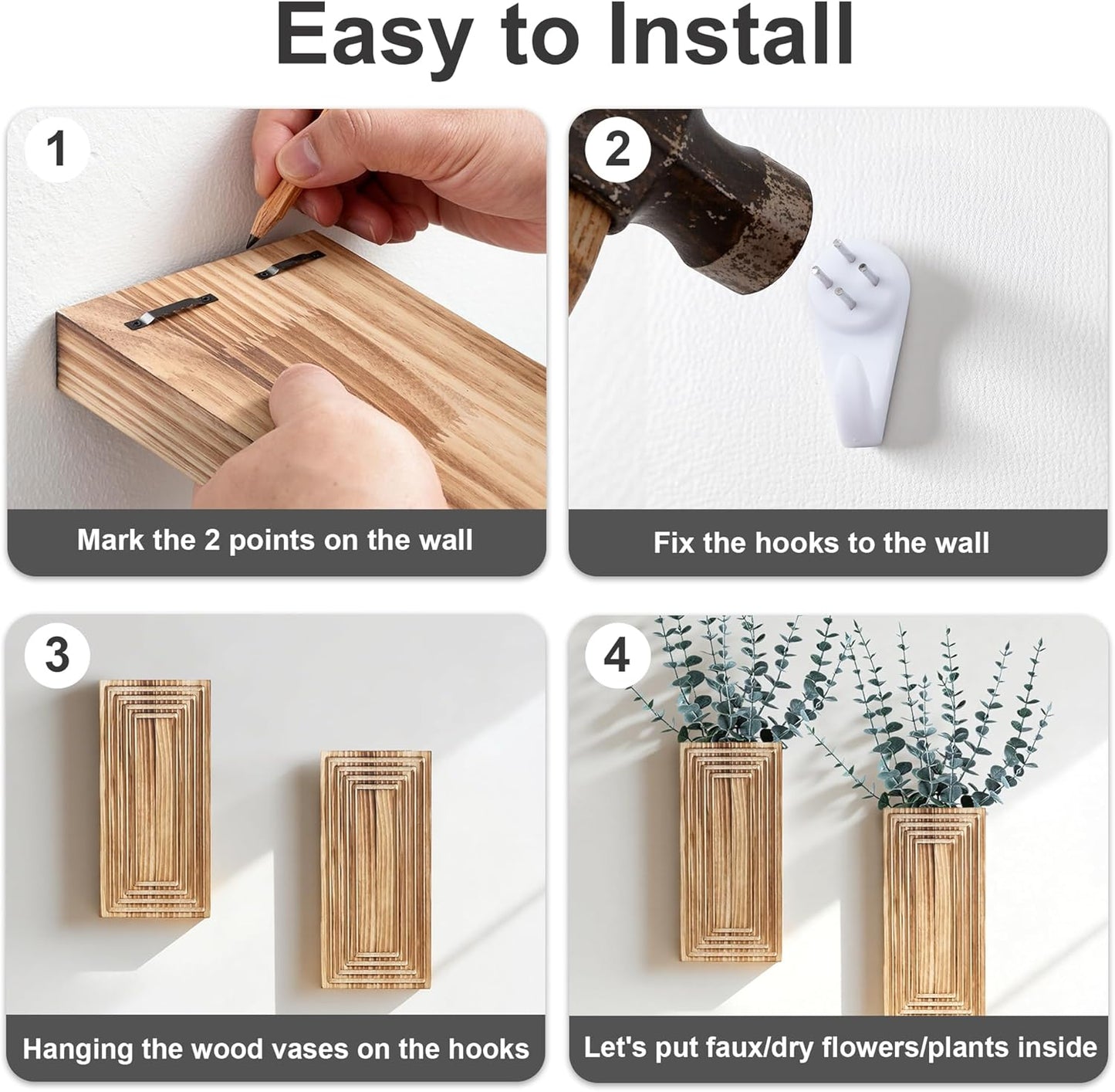 Wooden Wall Planter Vase / Burnt Brown with Eucalyptus / Set of 2