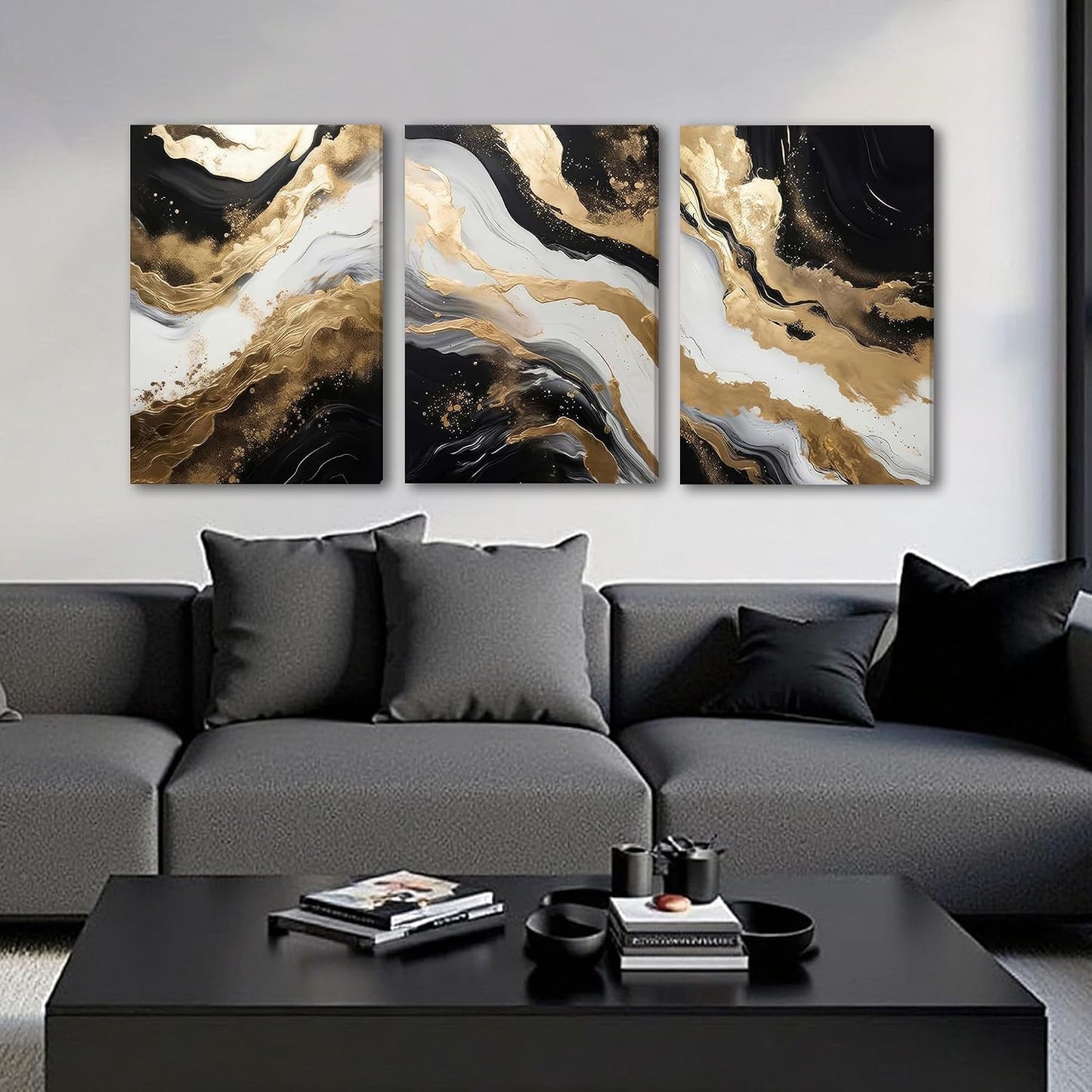 3 Piece Framed Black and White Abstract Wall Art / 24"L x 16"W / Black and Gold