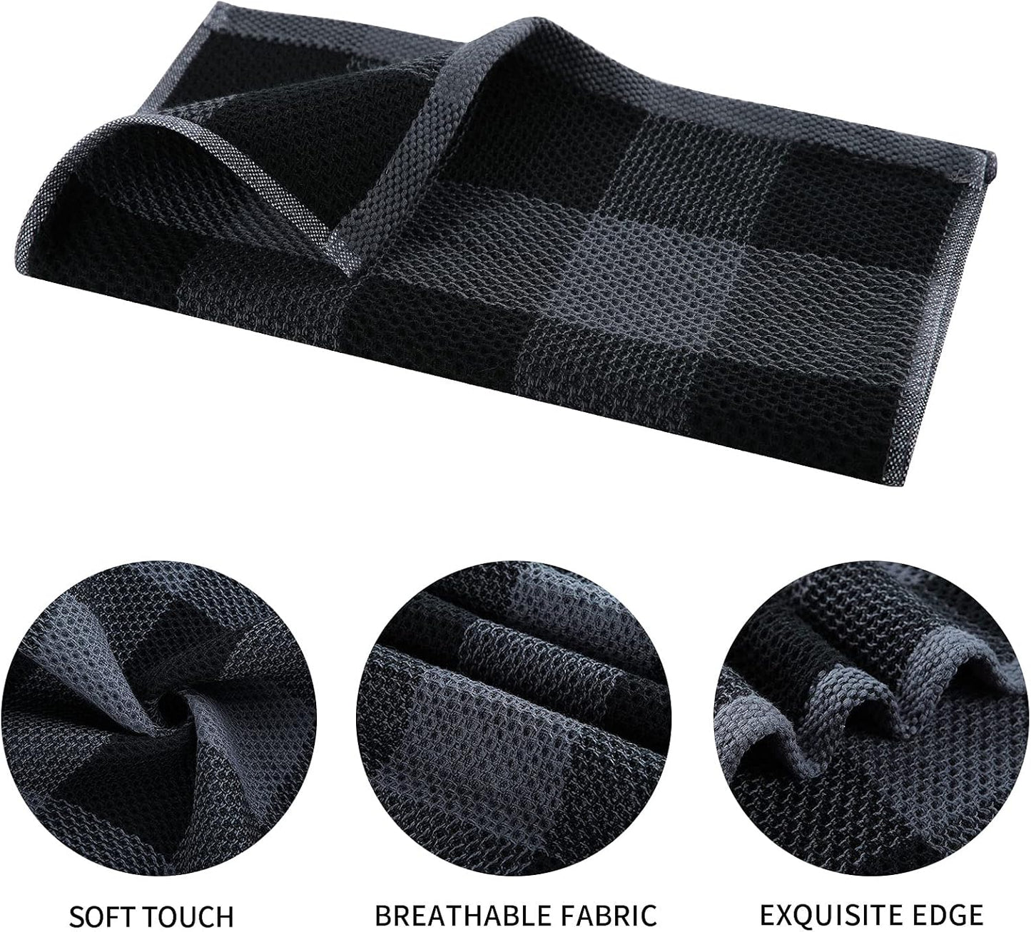 Mordimy Cotton Waffle Weave Kitchen Towels, 13"x 28", 8 Pack, Black & Grey | Super Soft and Absorbent Buffalo Check