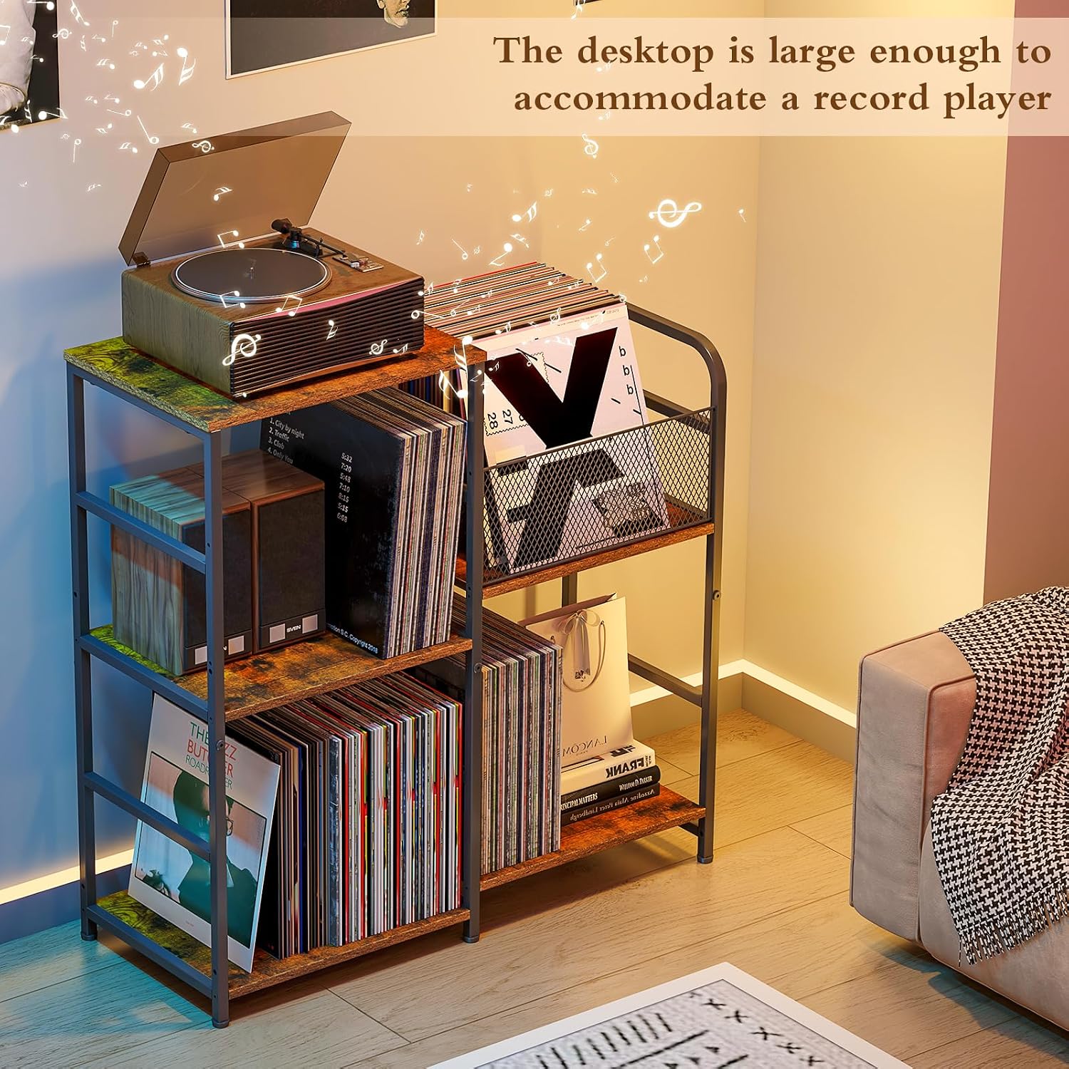 ThreeHio Record Player Stand, Turntable Stand with Vinyl Storage Holds up to 300+ Albums, Storage Cabinet for Vinyl