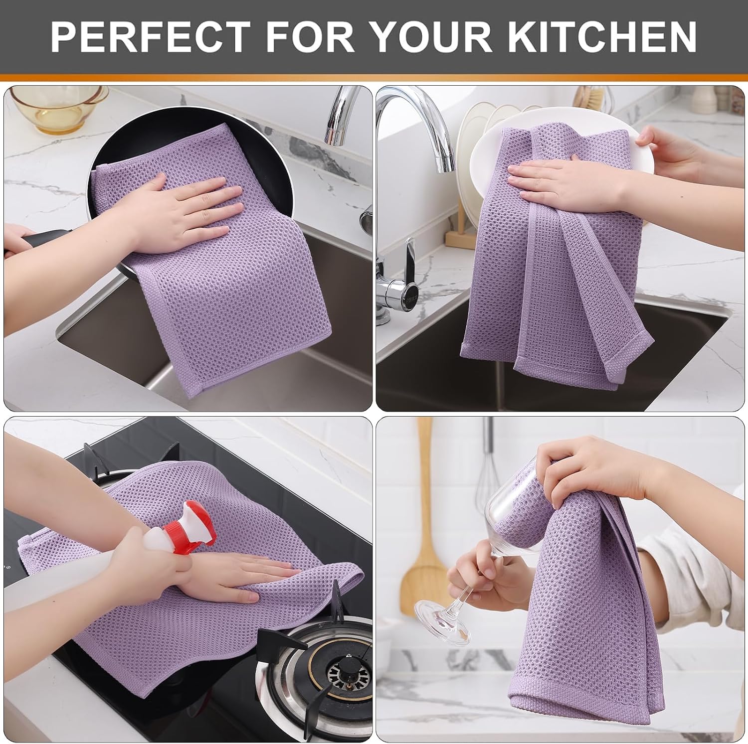 Kitinjoy 100% Cotton Waffle 12-Pack Kitchen Towels, 13" x 28", Lavender | Super Soft, Ultra-Absorbent, Fast Drying