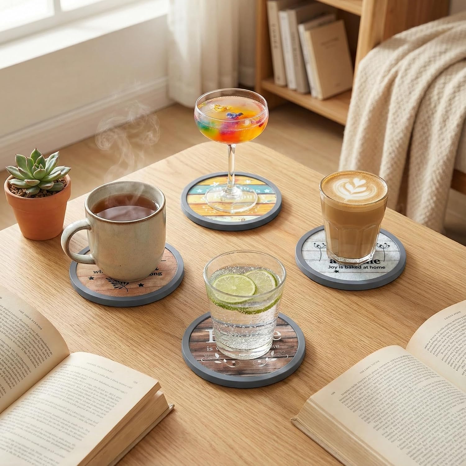 Holder / Soft Felt Insert / 4.3 Inch Coasters with 4.5 Inch Holder / Farmhouse Style-02 / Set of 6
