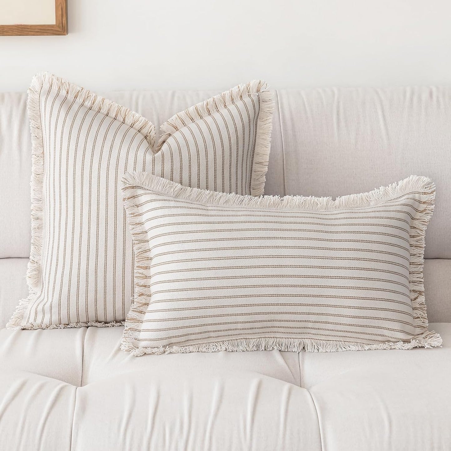 Throw Pillow Covers Striped Fringe Pillow Cover Farmhouse Cushion / Khaki / 24 x 24 / Set of 2