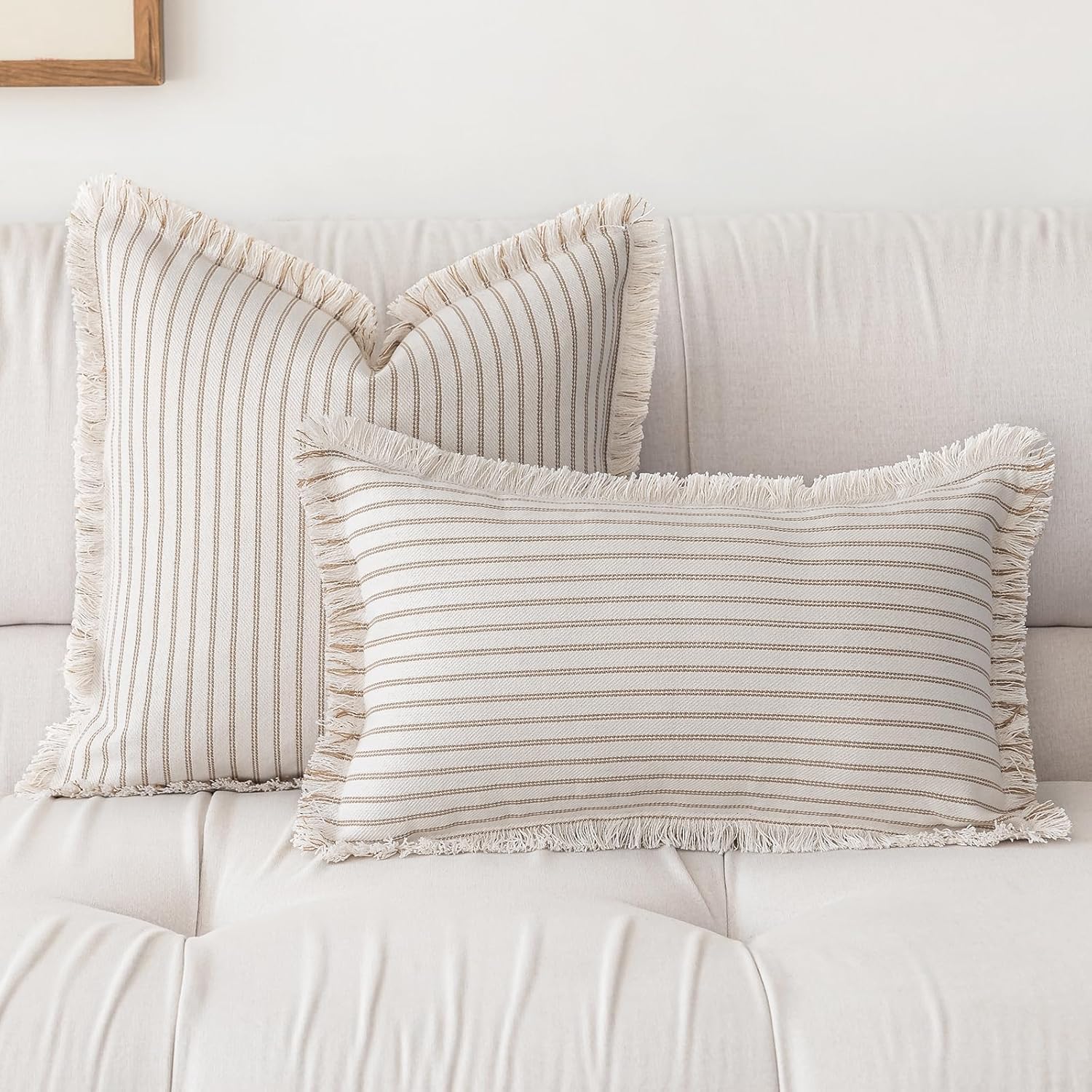 Throw Pillow Covers Striped Fringe Pillow Cover Farmhouse Cushion / Khaki / 24 x 24 / Set of 2