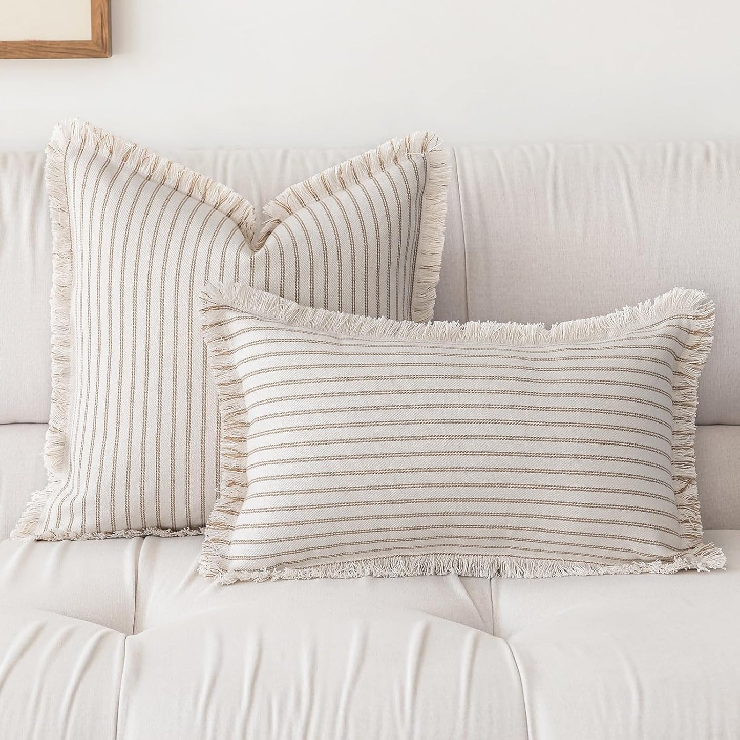 Throw Pillow Covers Striped Fringe Pillow Cover Farmhouse Cushion / Khaki / 18 x 18 / Set of 2