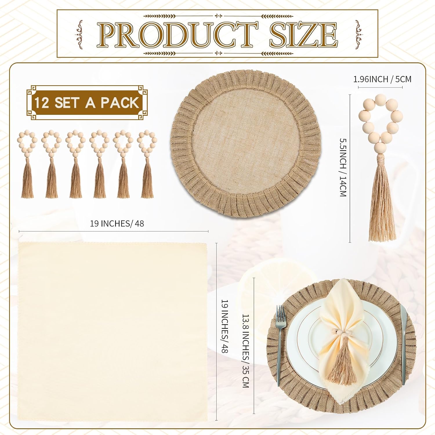 Gejoy 36 Pcs Burlap Placemat Wood Napkin Ring Dinner Napkin, Natural | Round Heat Resistant Jute Mats Wooden Bead