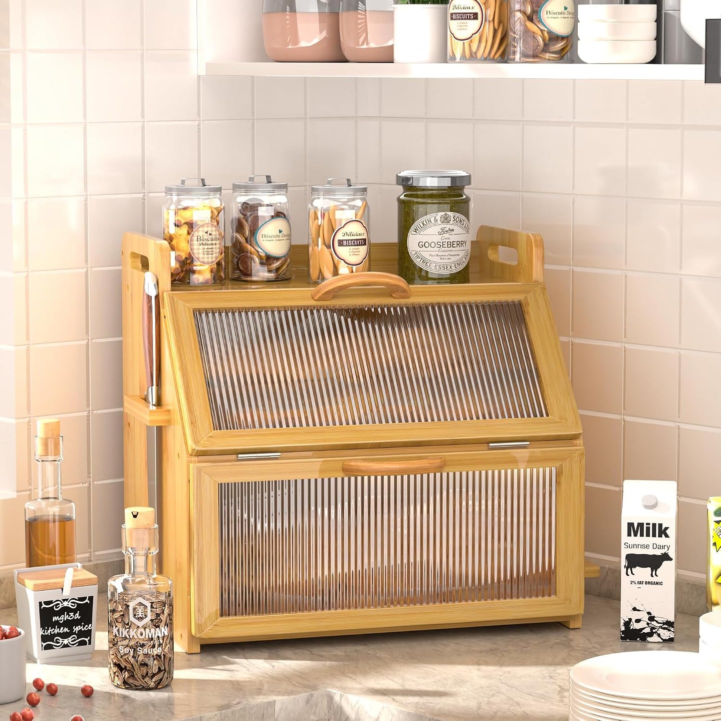 Bread Box for Kitchen Countertop, Large Bread Storage Container for Homemade Bread, Wooden Farmhouse Breadbox