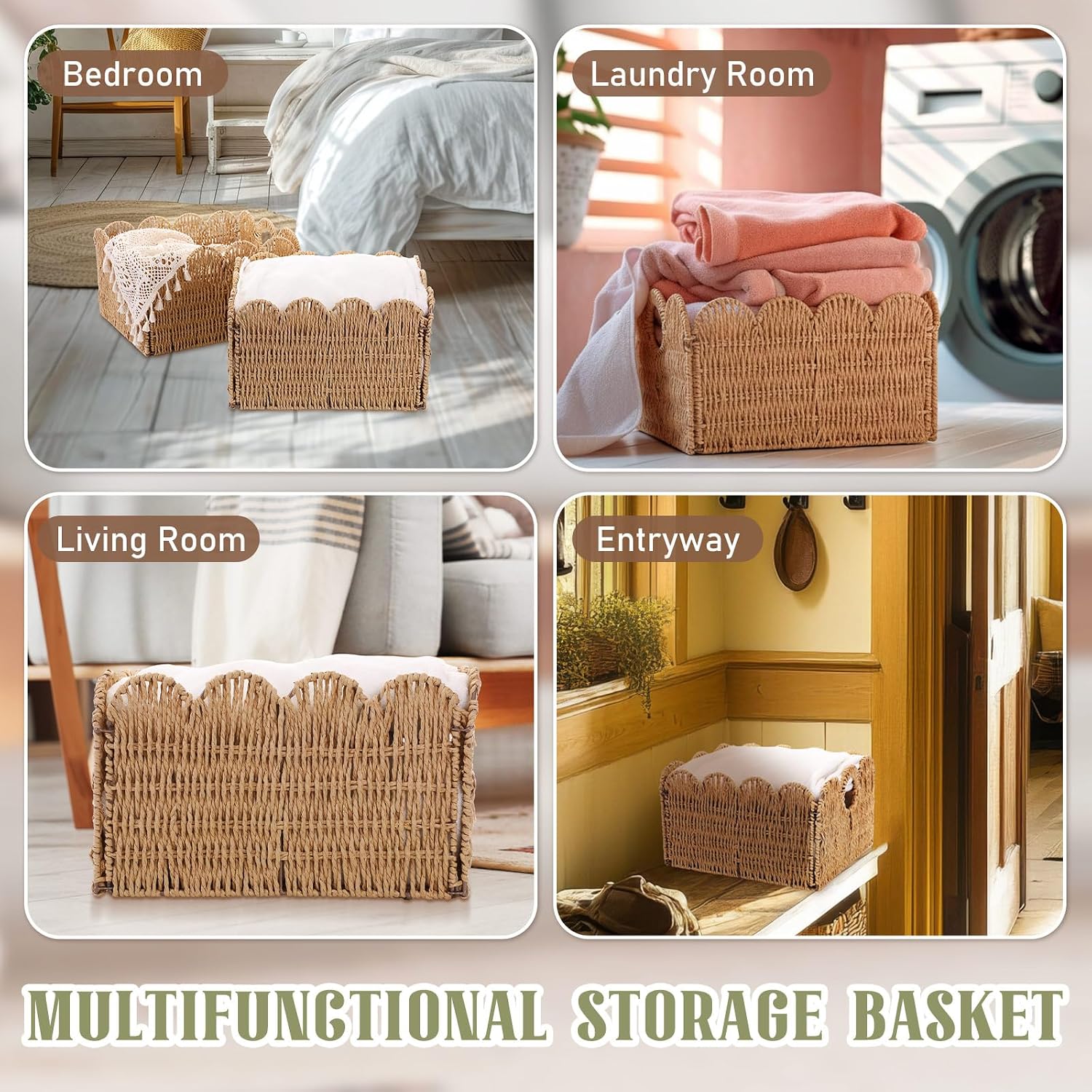 4 Packs Scalloped Wicker Storage Basket Paper Rope Pantry Baskets
