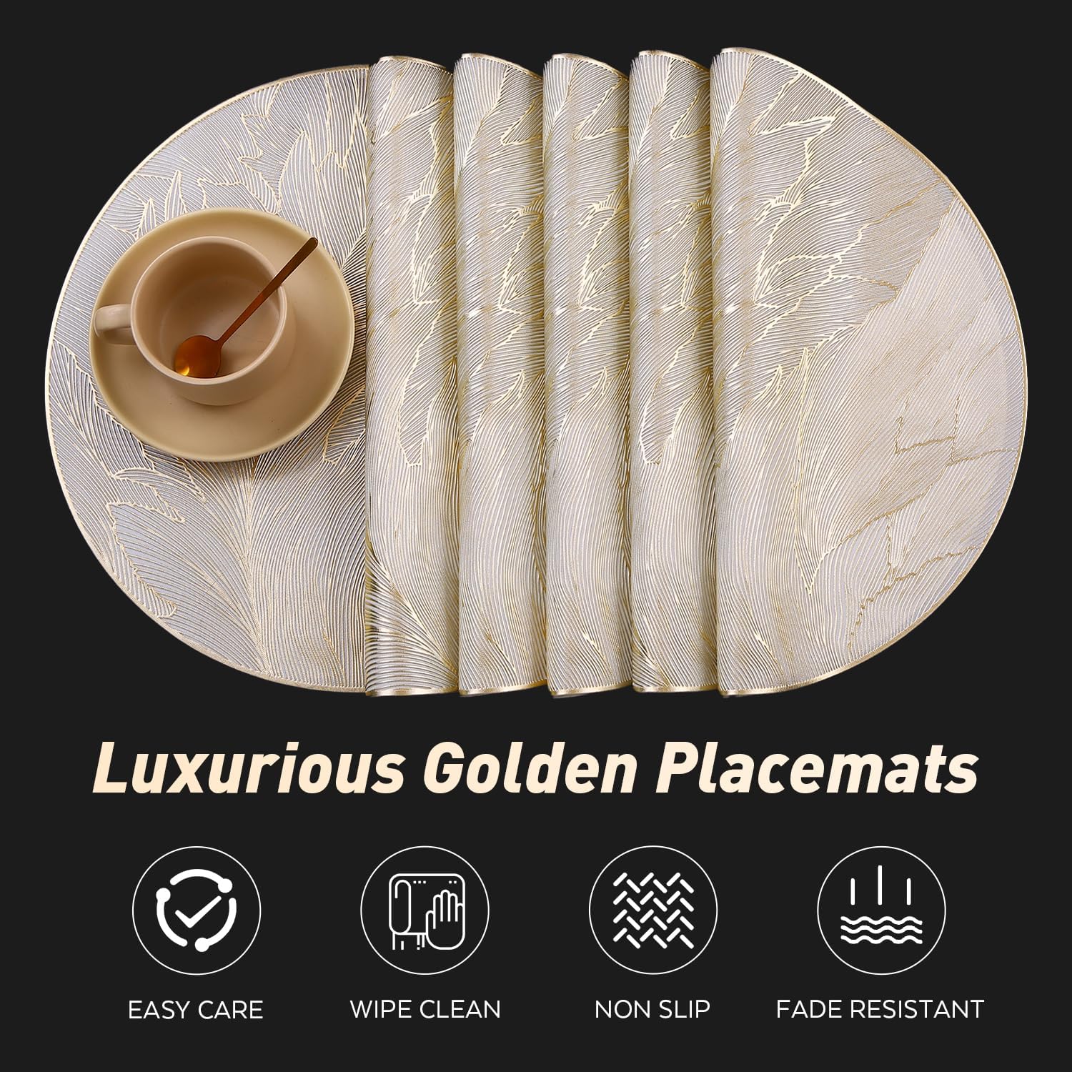 FAVE 12PCS Gold Feather Placemats, Round Vinyl, Non-Slip & Wipeable, 15" | Shimmering Metallic Gold Table Decor for