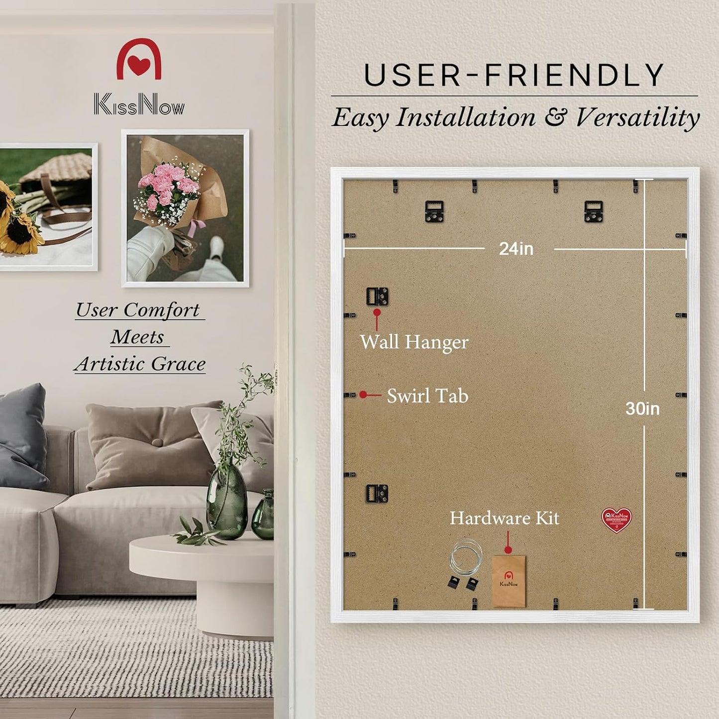 24x30 Picture Frame, White Solid Wood, 2 Pack, Wall for Paintings | Thick & Wide Border, HD Plexiglass, Horizontal or
