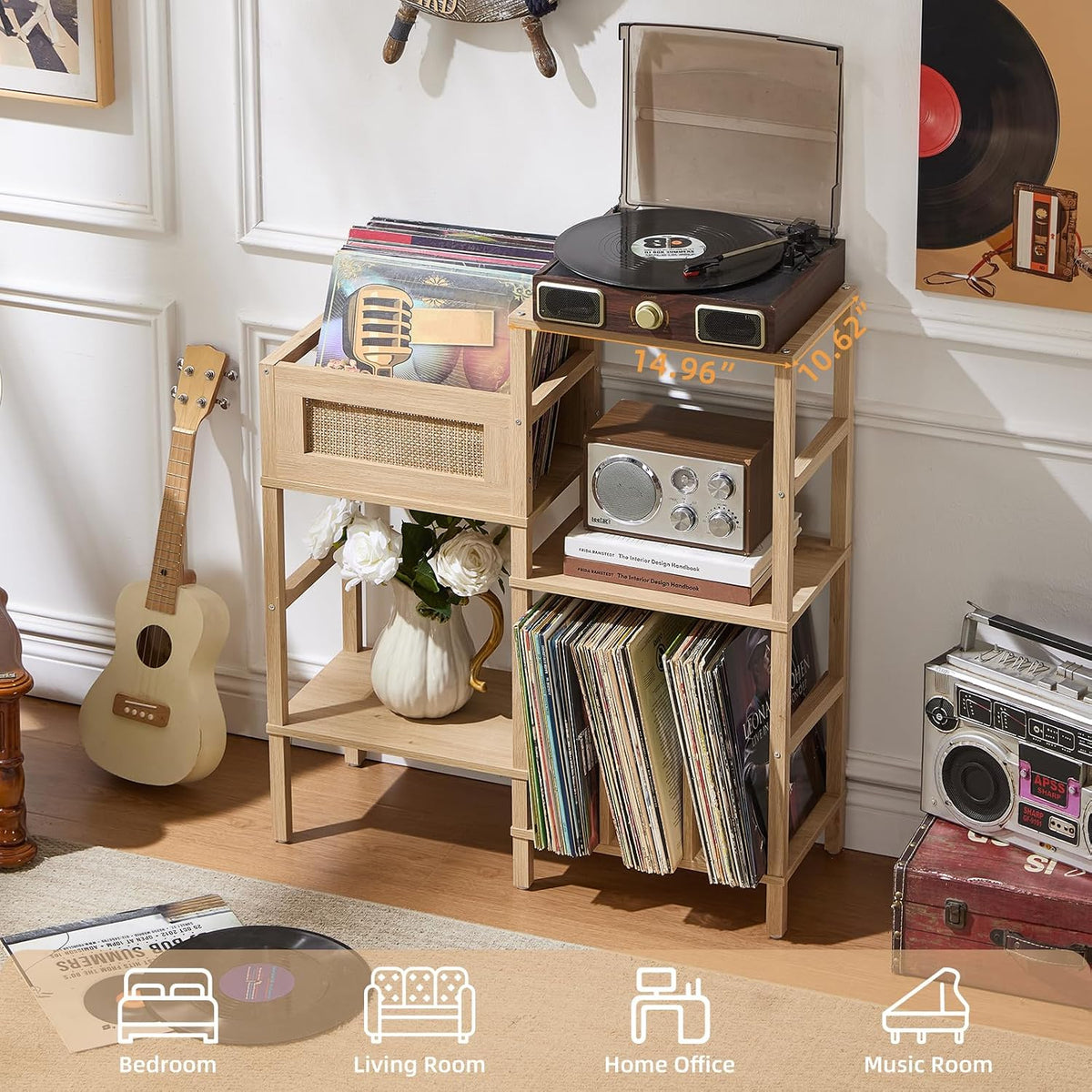 Record Player Stand, Natural Oak Wood Record Holder with Vinyl Storage Holds up to 300+ Albums, 3-Tier Rattan Media