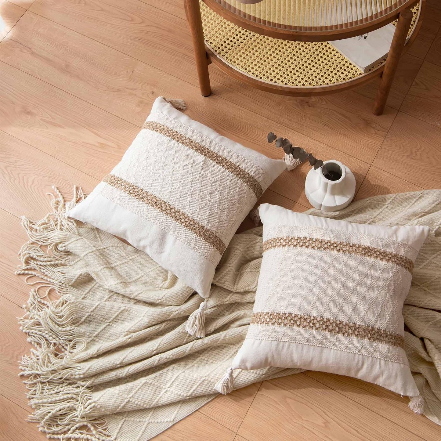 Boho Neutral Pillow Cushion / 18 x 18 / Double Stripe / Set of 2